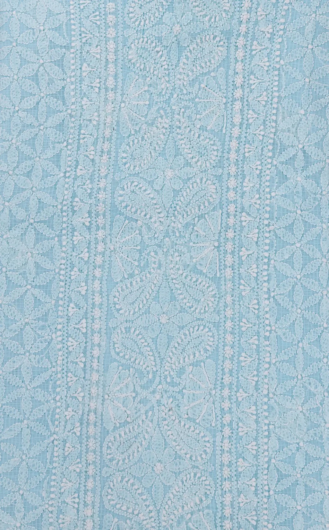 Hand-embroidered Lucknow Chikankari Light Blue Kota Cotton Unstitched Kurti by Adrika
