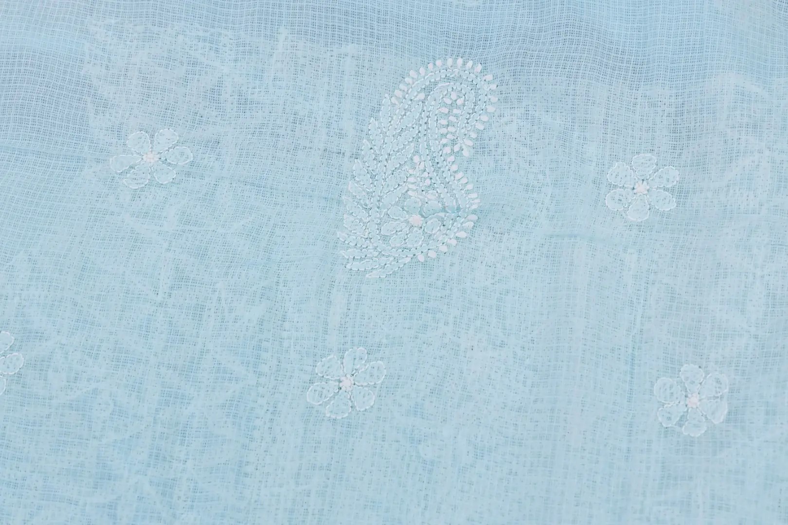 Adrika's luxurious Lucknow Chikankari Light Blue Kota Cotton Unstitched Kurti with intricate detailing