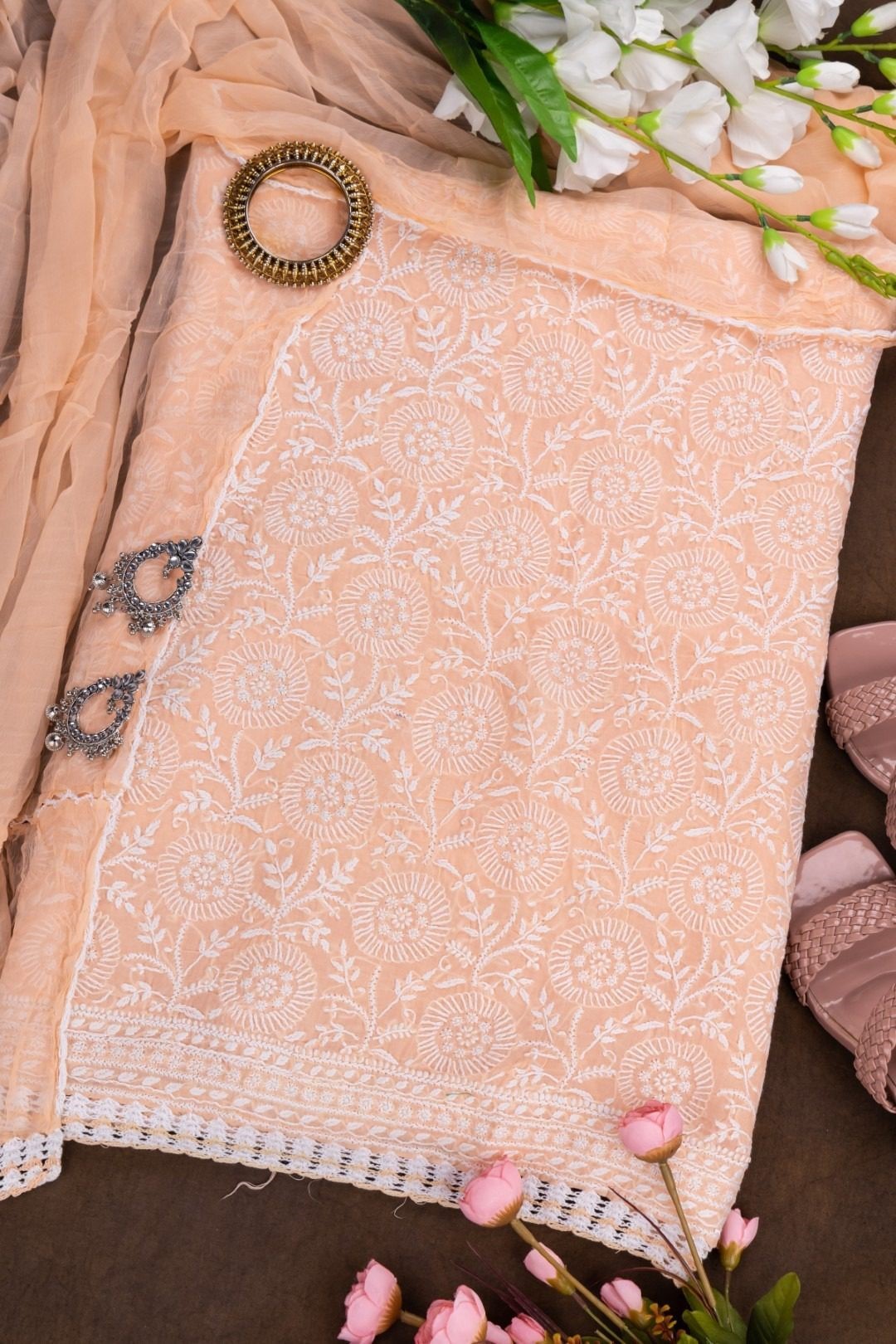 Adrika's premium Lucknow Chikankari Peach Cotton Unstitched 3-Piece Kurti Set