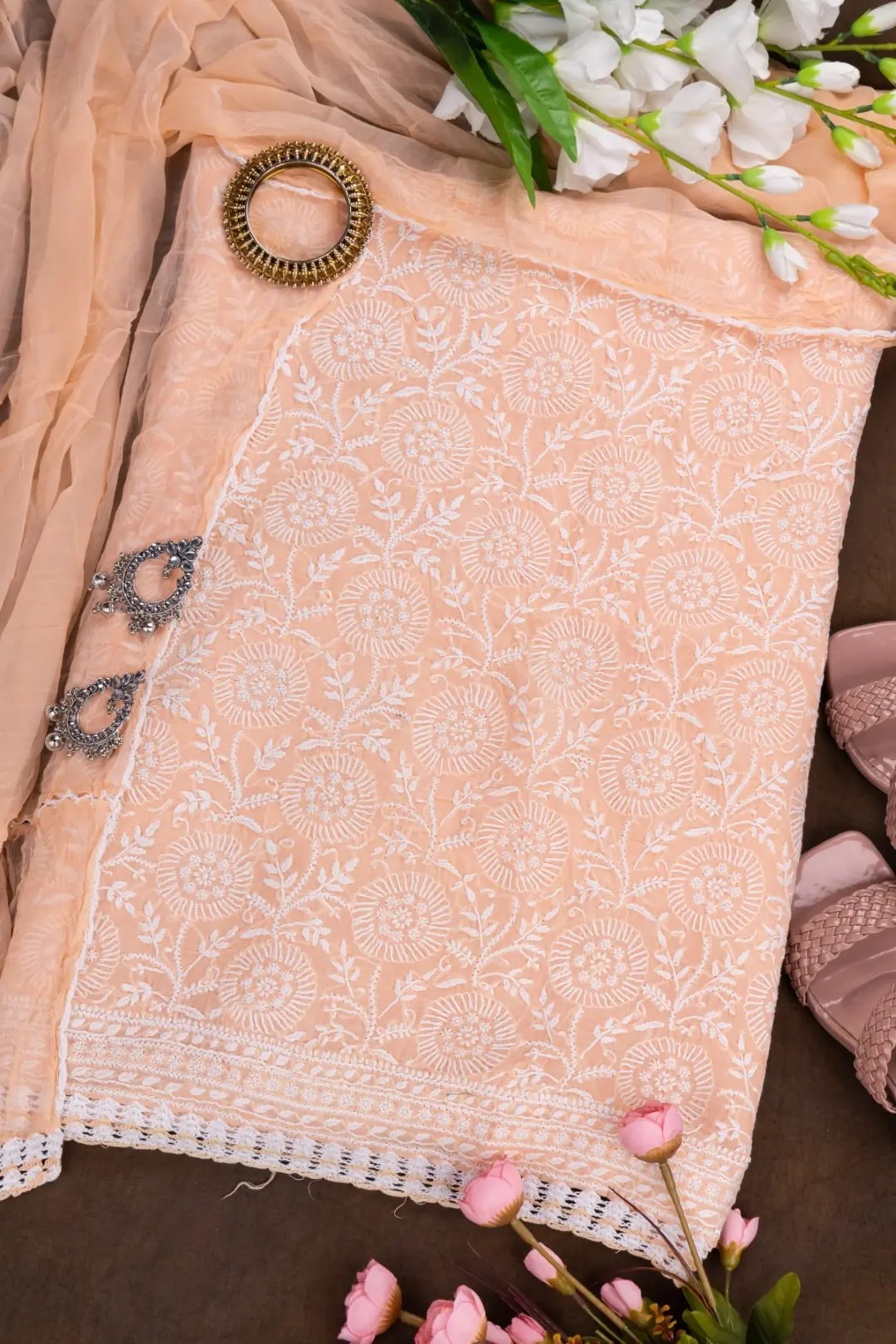 Adrika's premium Lucknow Chikankari Peach Cotton Unstitched 3-Piece Kurti Set