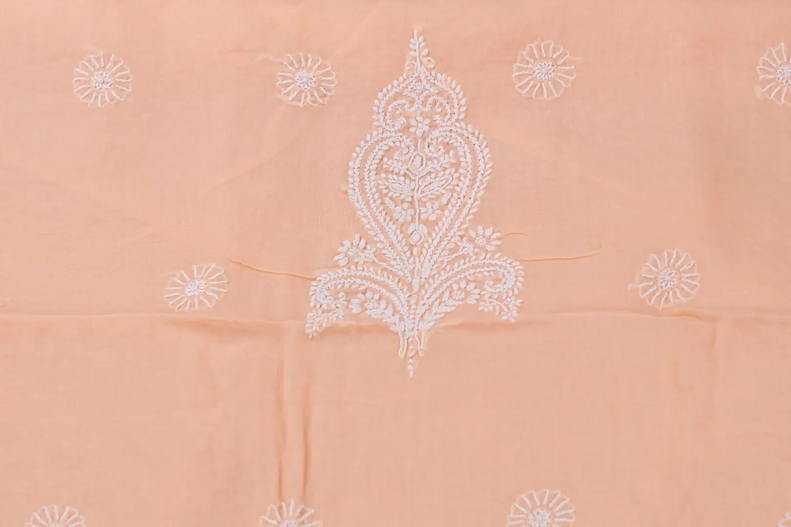 Elegant premium Lucknow Chikankari Peach Cotton Unstitched 3-Piece Kurti Set by Adrika
