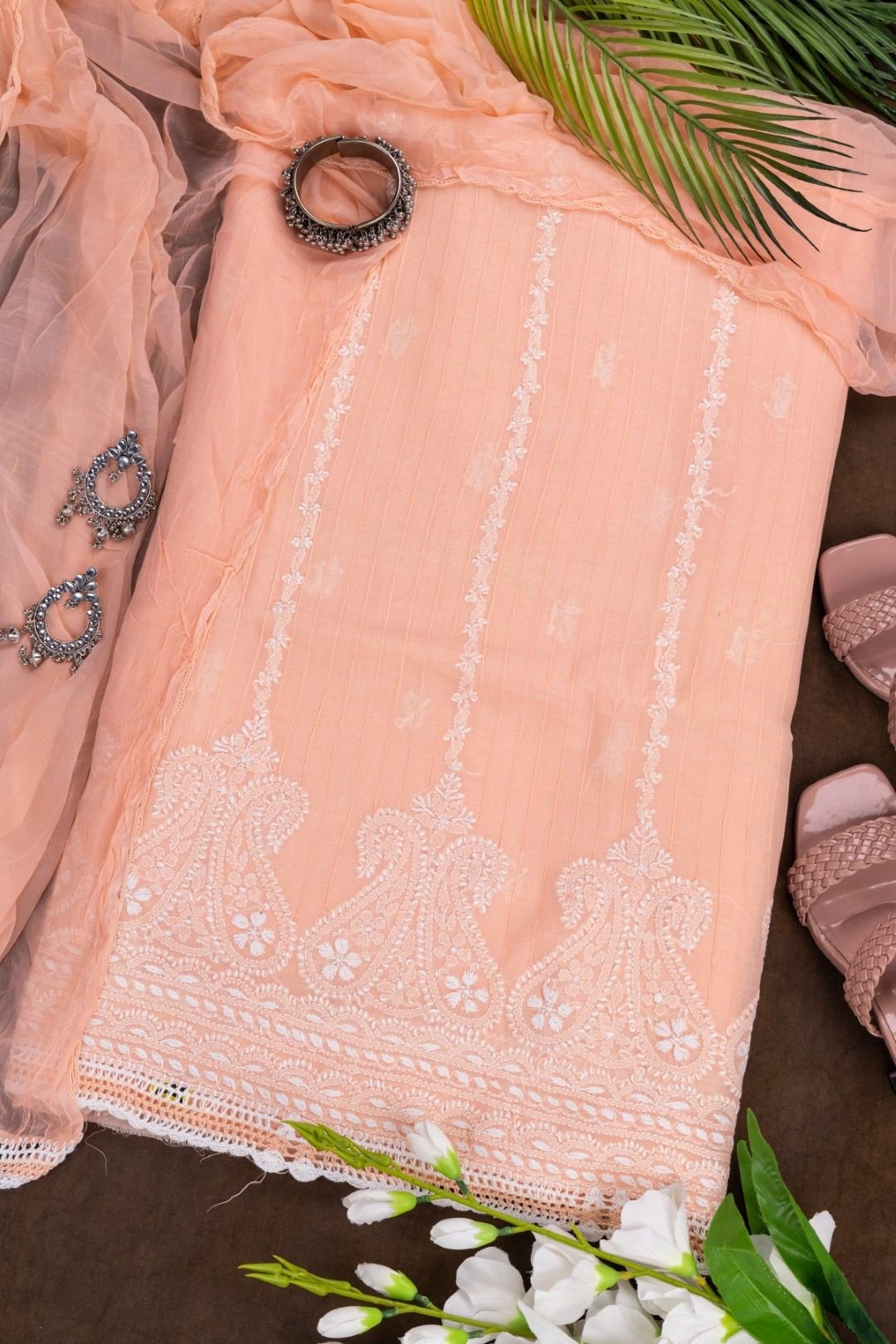 Adrika's Lucknow Chikankari Peach Cotton Unstitched 3-Piece Kurti Set