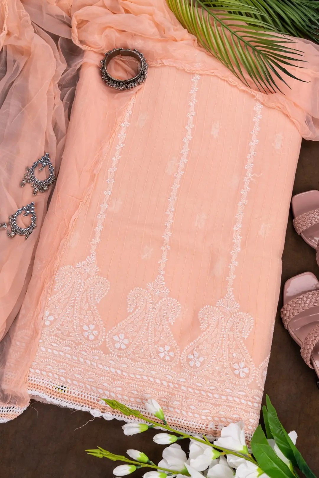 Adrika's Lucknow Chikankari Peach Cotton Unstitched 3-Piece Kurti Set