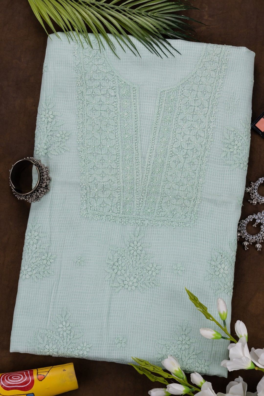 Adrika's Lucknow Chikankari Fern Green Kota Cotton Unstitched 3-Piece Kurti Set