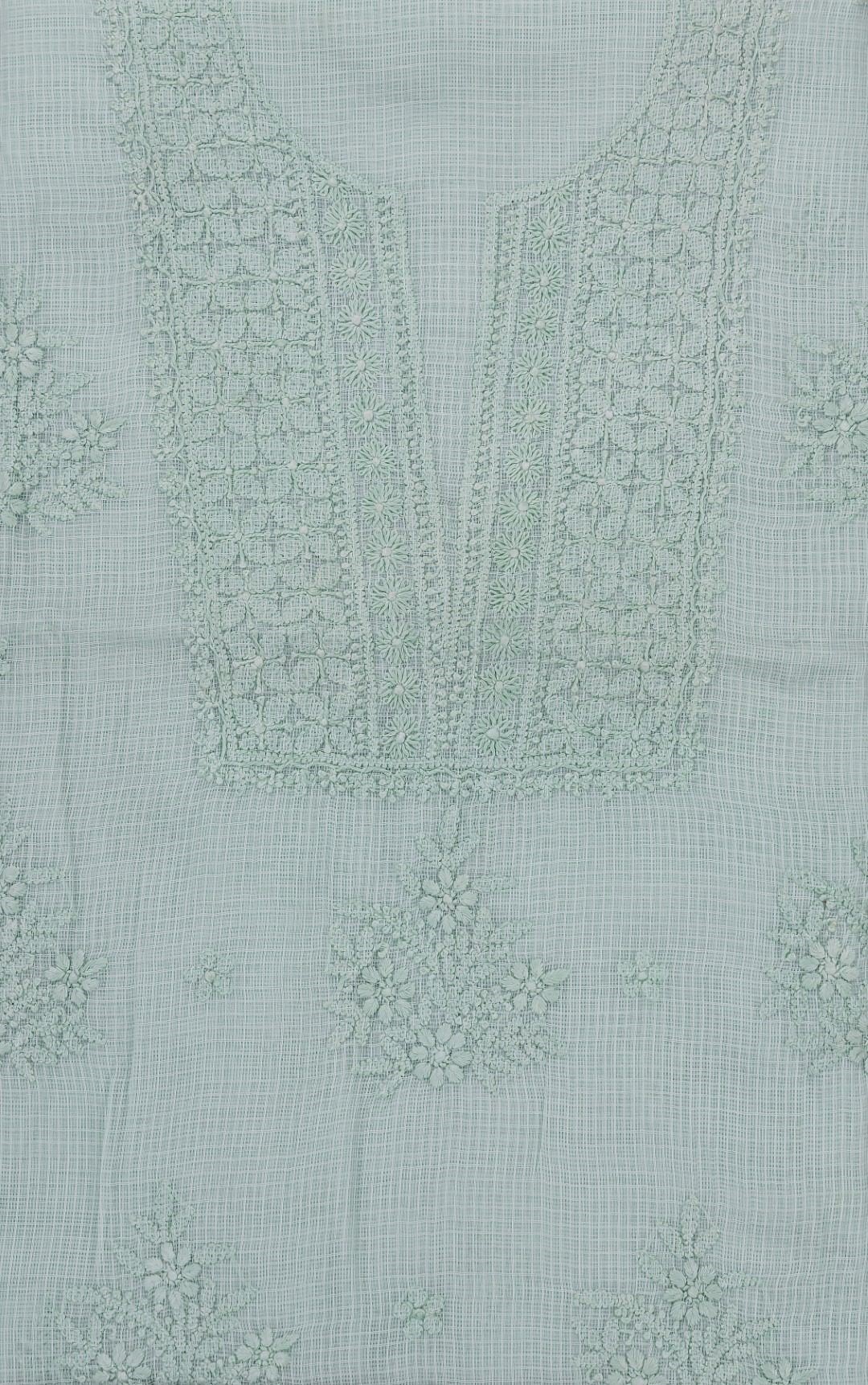 Exquisite Lucknow Chikankari Fern Green Kota Cotton Unstitched 3-Piece Kurti Set by Adrika