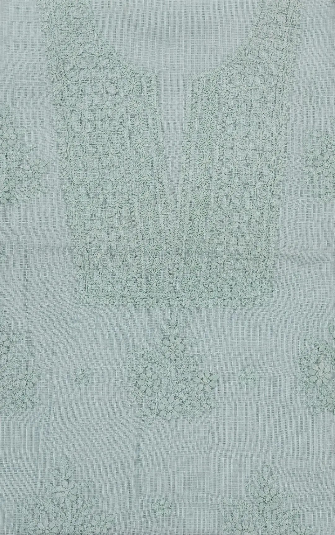 Exquisite Lucknow Chikankari Fern Green Kota Cotton Unstitched 3-Piece Kurti Set by Adrika