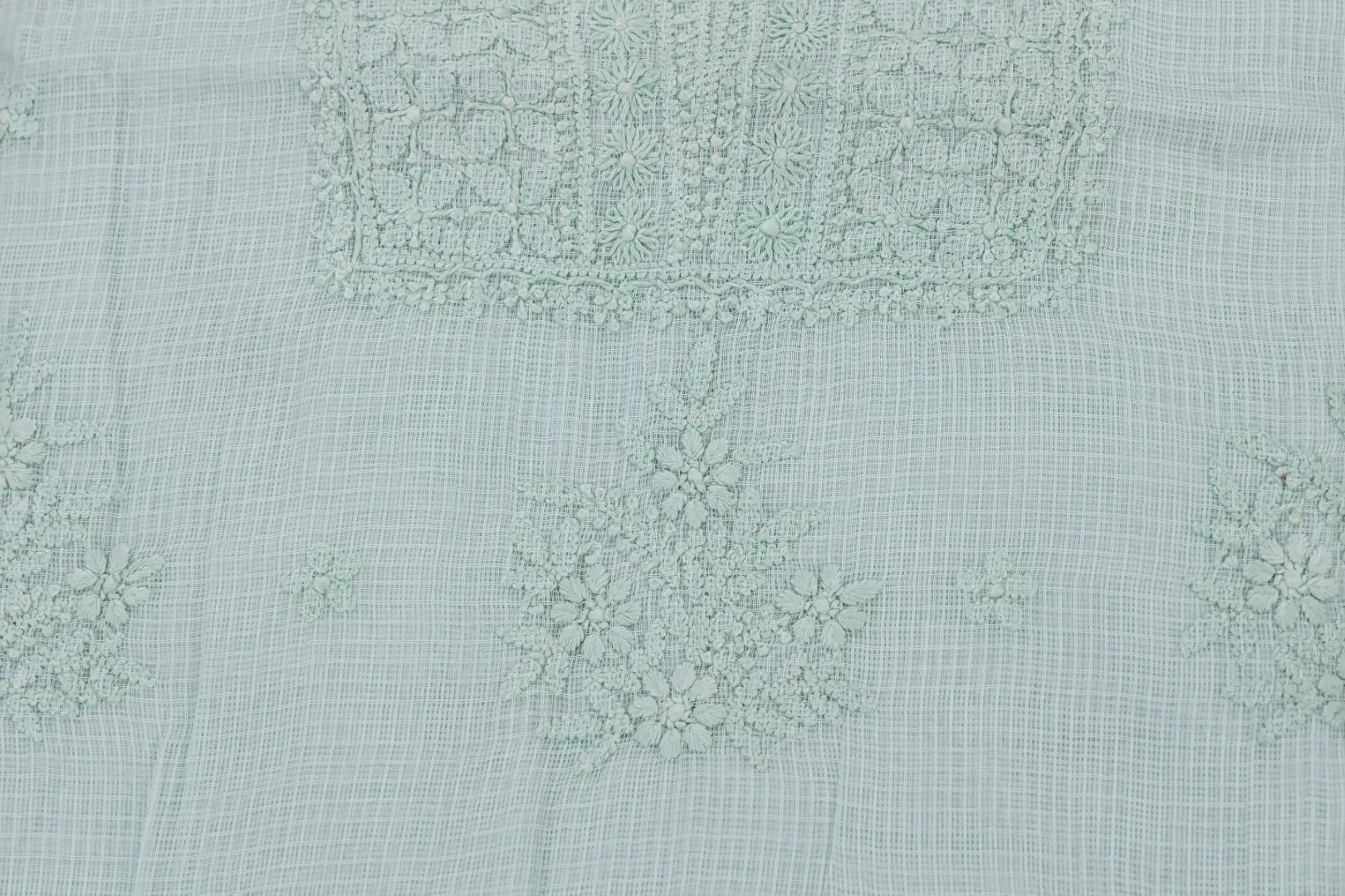 Handcrafted Lucknow Chikankari Fern Green Kota Cotton Unstitched 3-Piece Kurti Set by Adrika