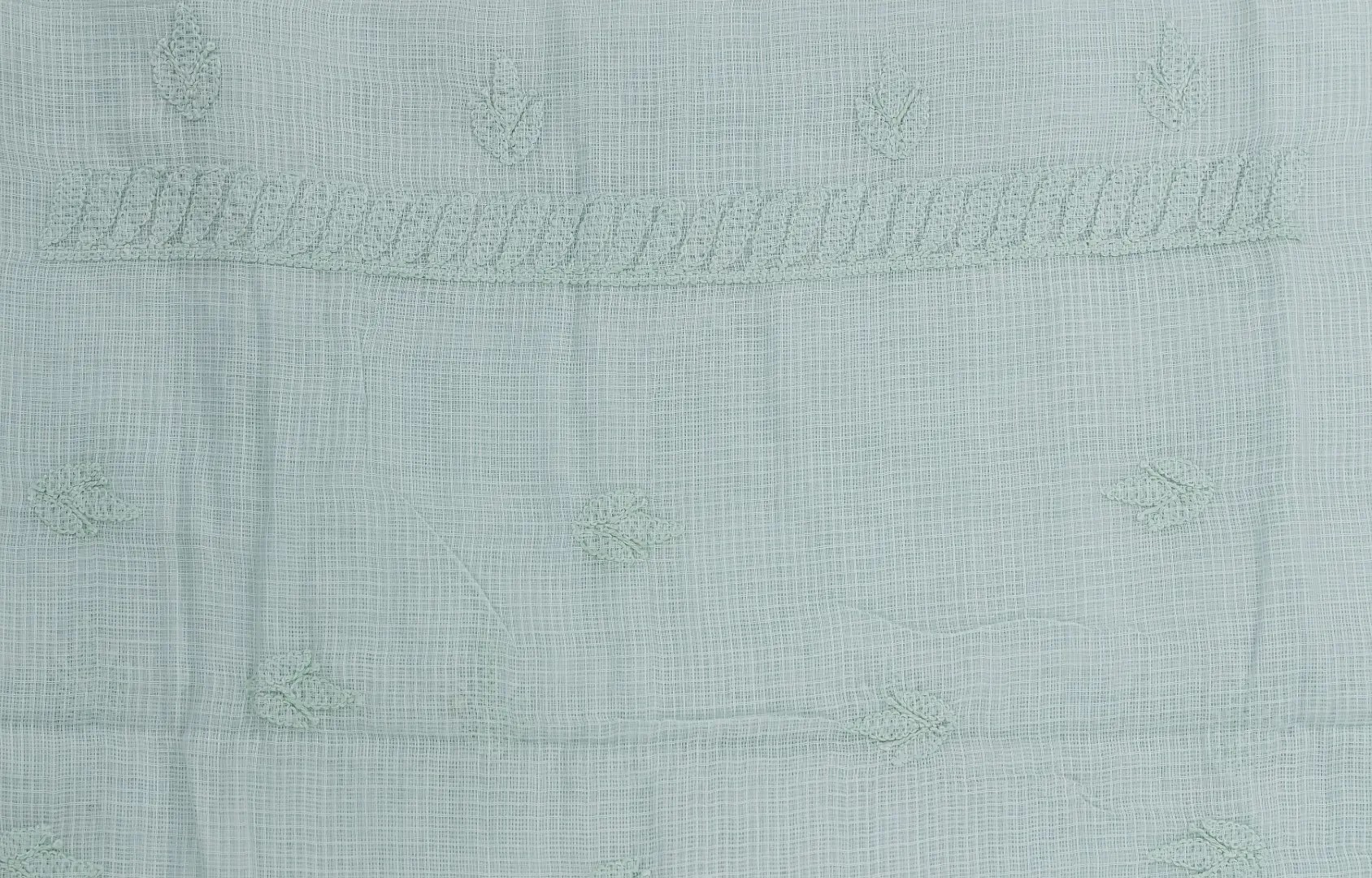 Hand-embroidered Lucknow Chikankari Fern Green Kota Cotton Unstitched 3-Piece Kurti Set by Adrika