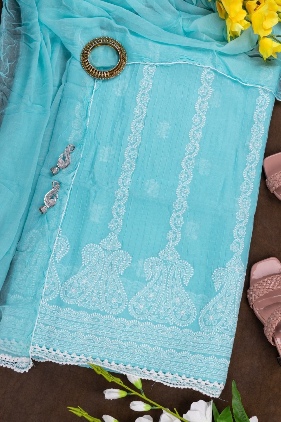 Adrika's Lucknow Chikankari Turquoise Blue Cotton Unstitched 3-Piece Kurti Set