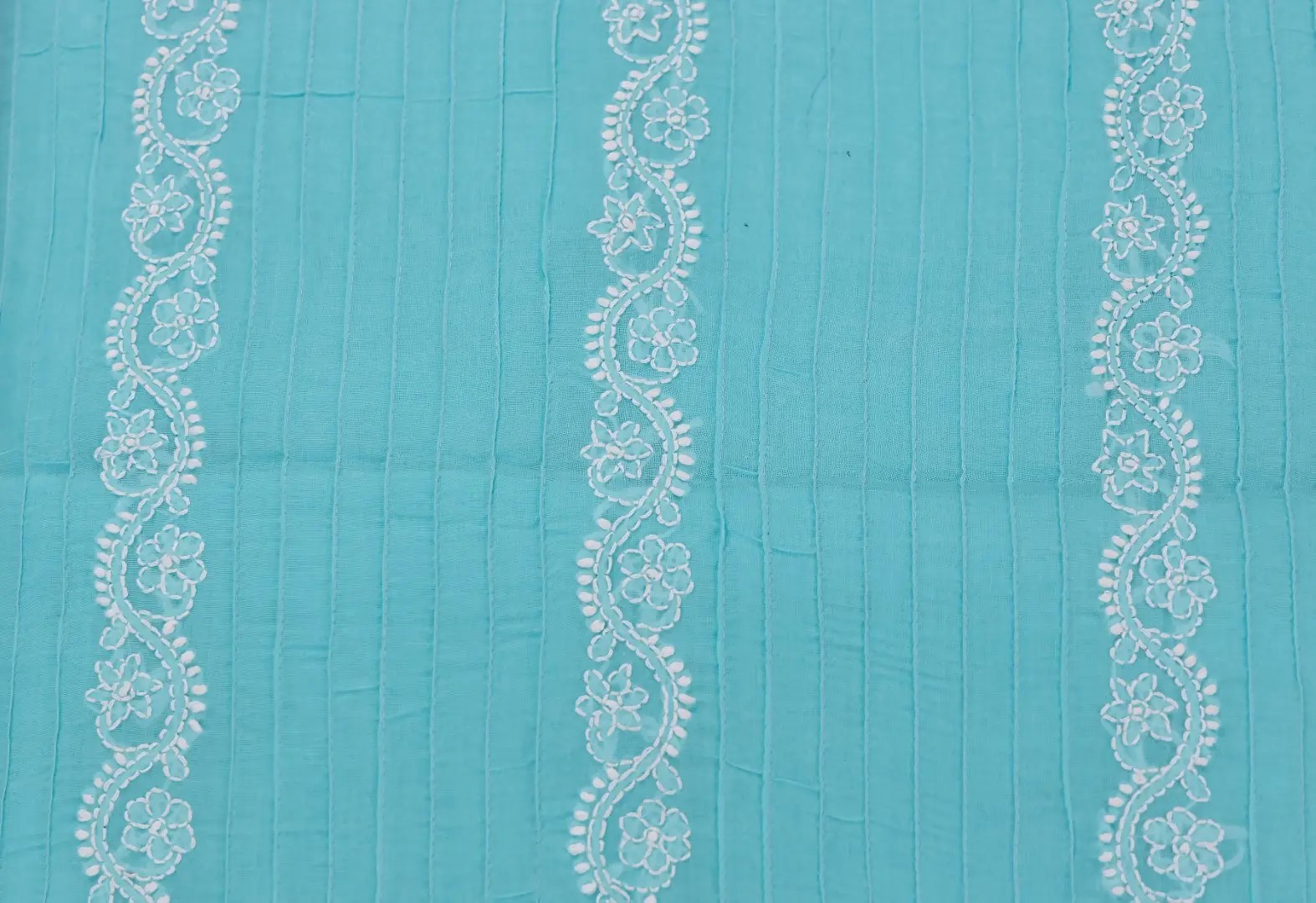 Exquisite Lucknow Chikankari Turquoise Blue Cotton Unstitched 3-Piece Kurti Set by Adrika