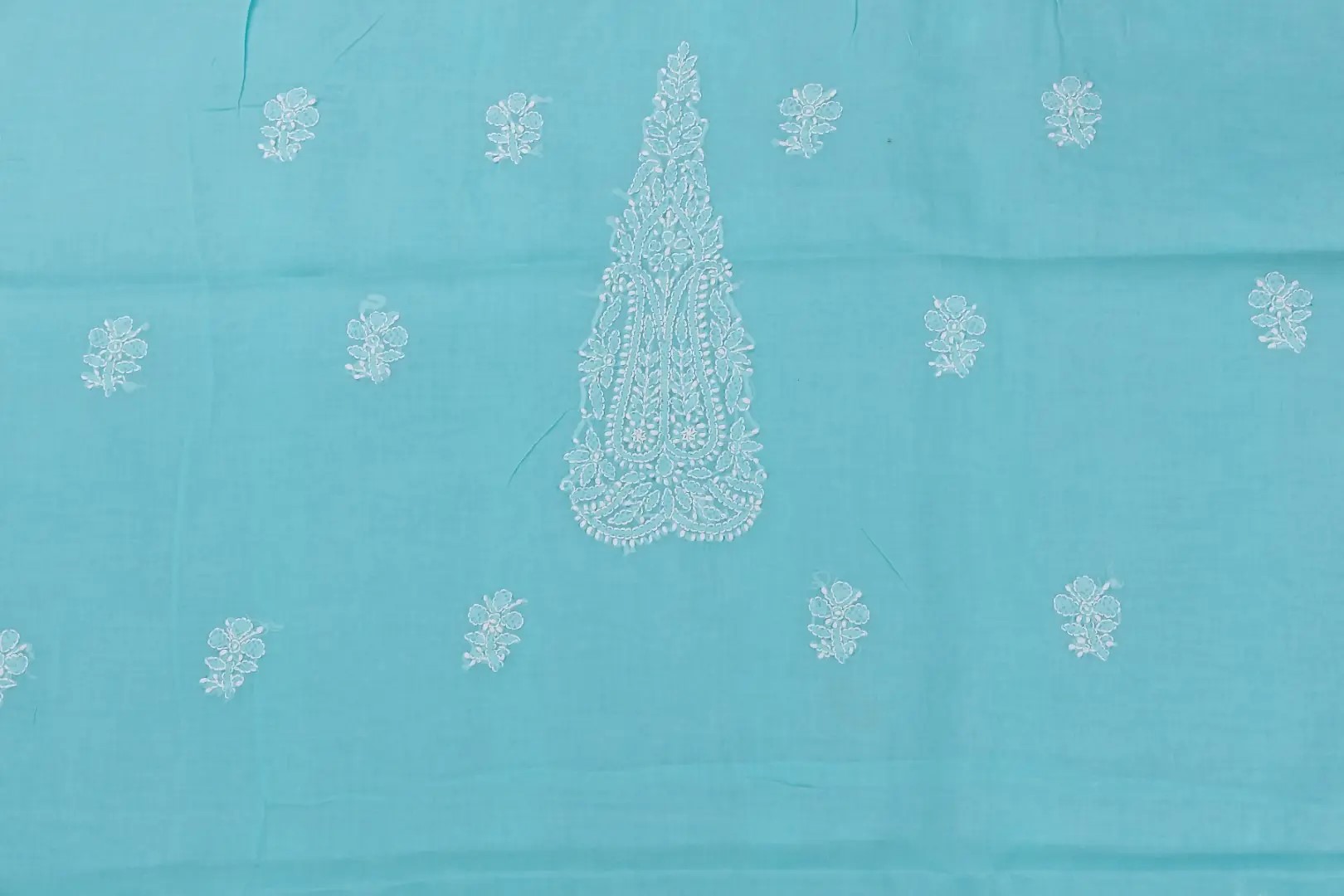 Adrika's luxurious Lucknow Chikankari Turquoise Blue Cotton Unstitched 3-Piece Kurti Set with intricate detailing