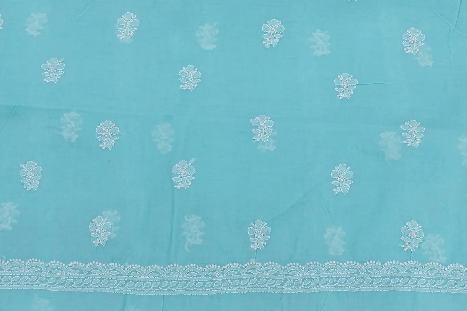 Traditional Lucknow Chikankari Turquoise Blue Cotton Unstitched 3-Piece Kurti Set by Adrika