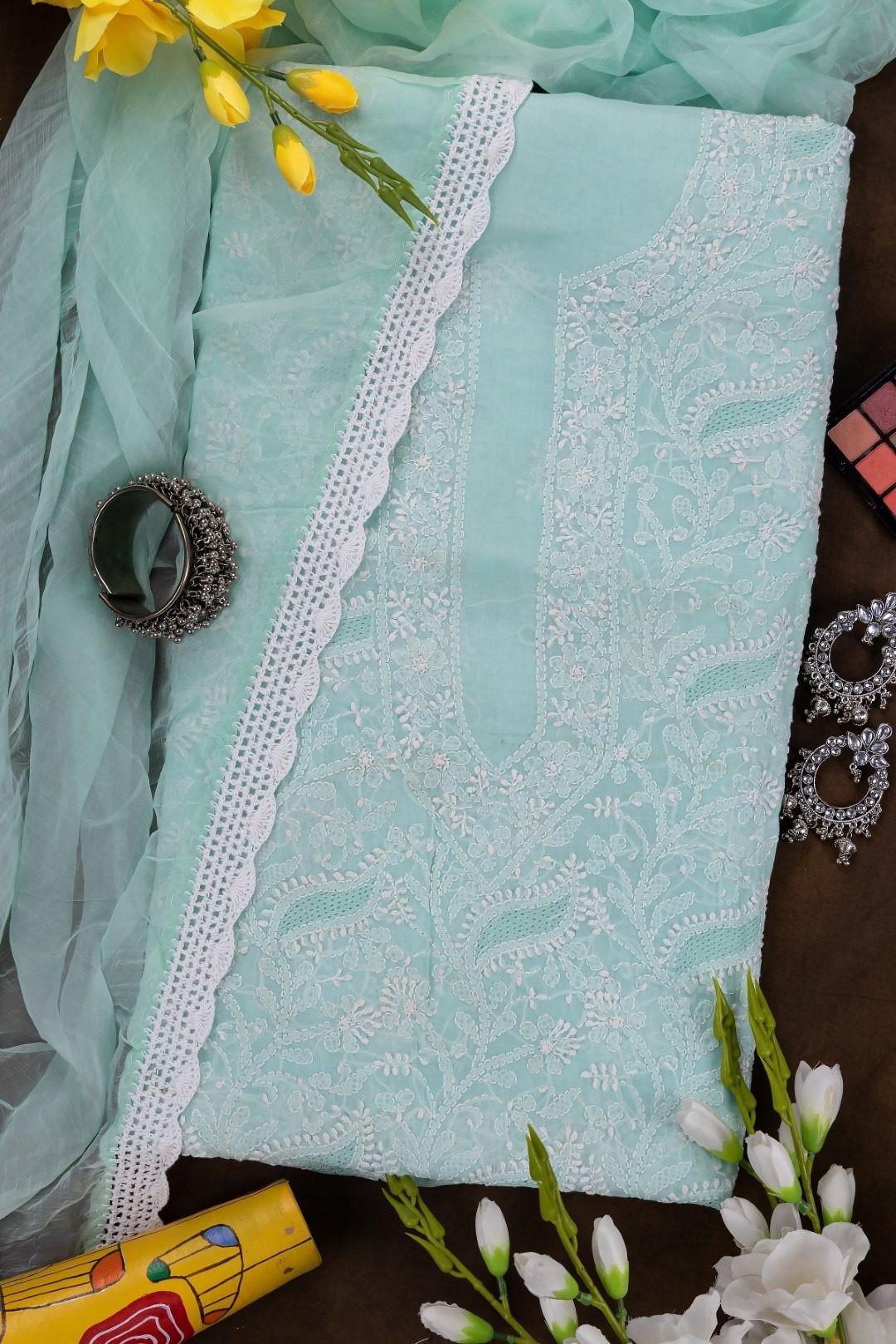 Adrika's Lucknow Chikankari Fern Green Cotton Unstitched 3-Piece Kurti Set