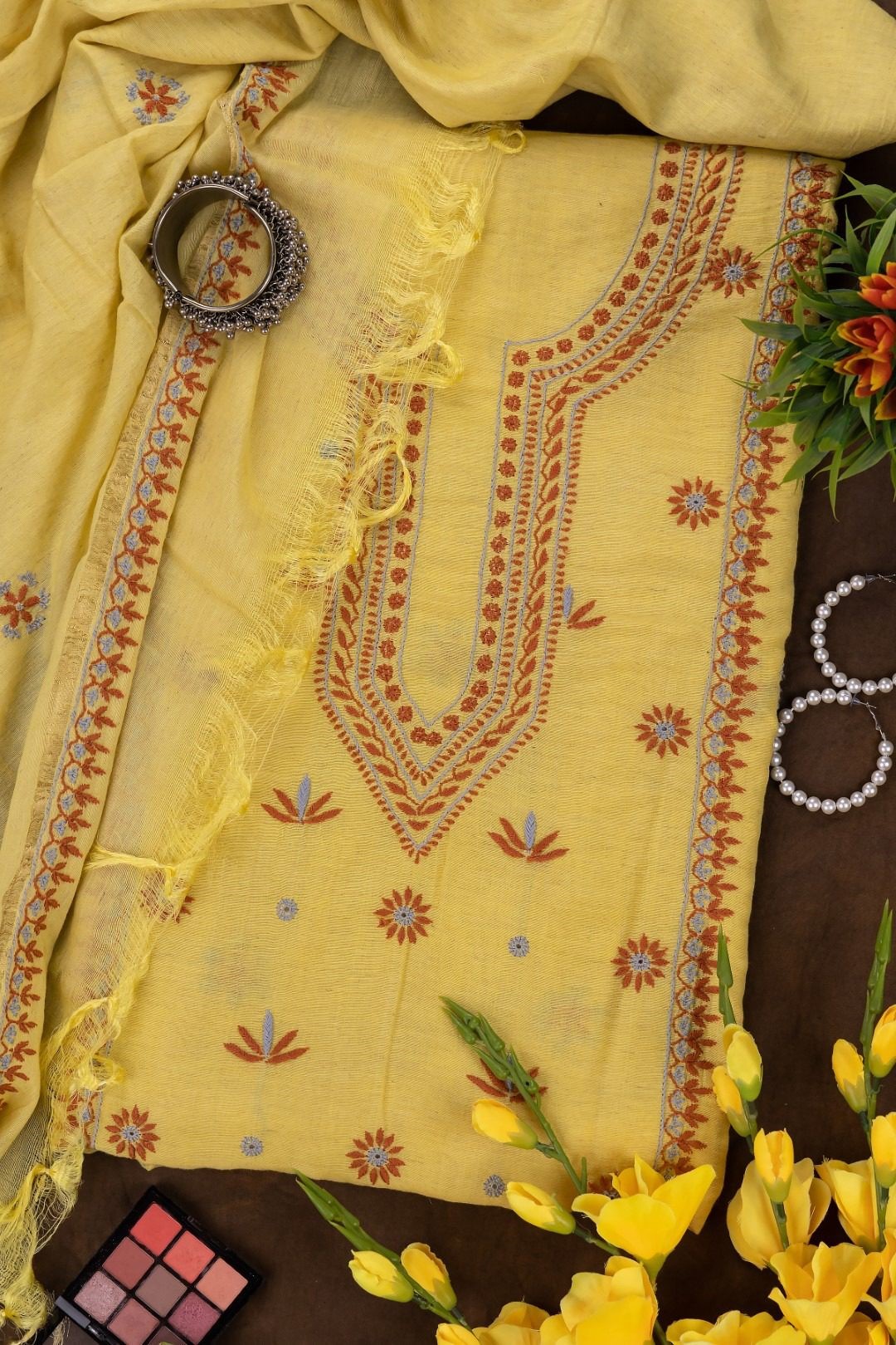Adrika's Lucknow Chikankari Chanderi Cotton Unstitched 2-Piece Kurti Set