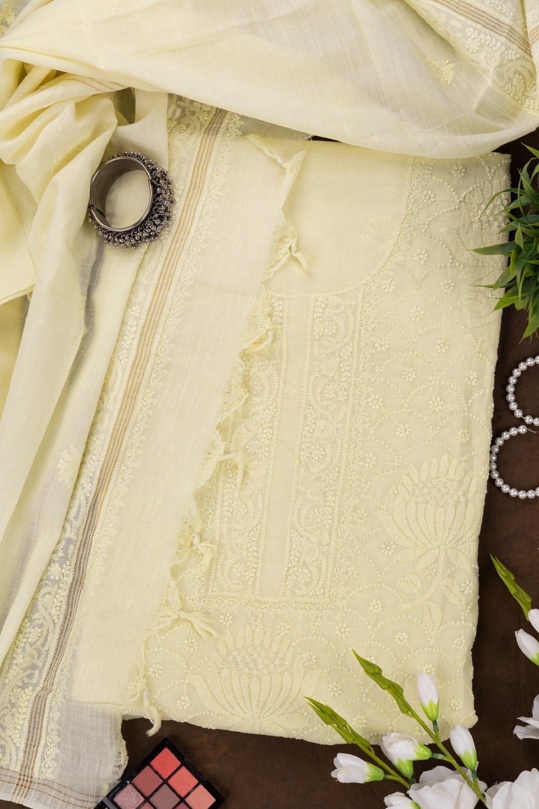 Adrika's Lucknow Chikankari Crayola Lemon Yellow Mangalgiri Cotton Unstitched 2-Piece Kurti Set