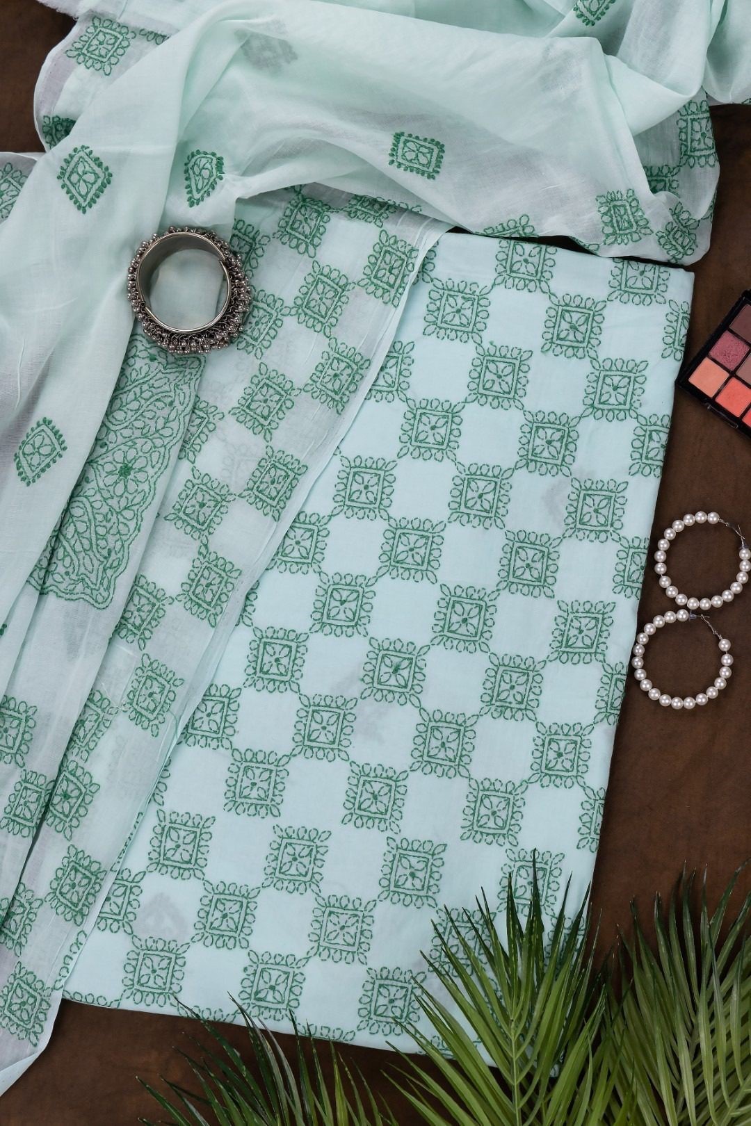 Adrika's Lucknow Chikankari Mint Green Cotton Unstitched 2-Piece Kurti Set