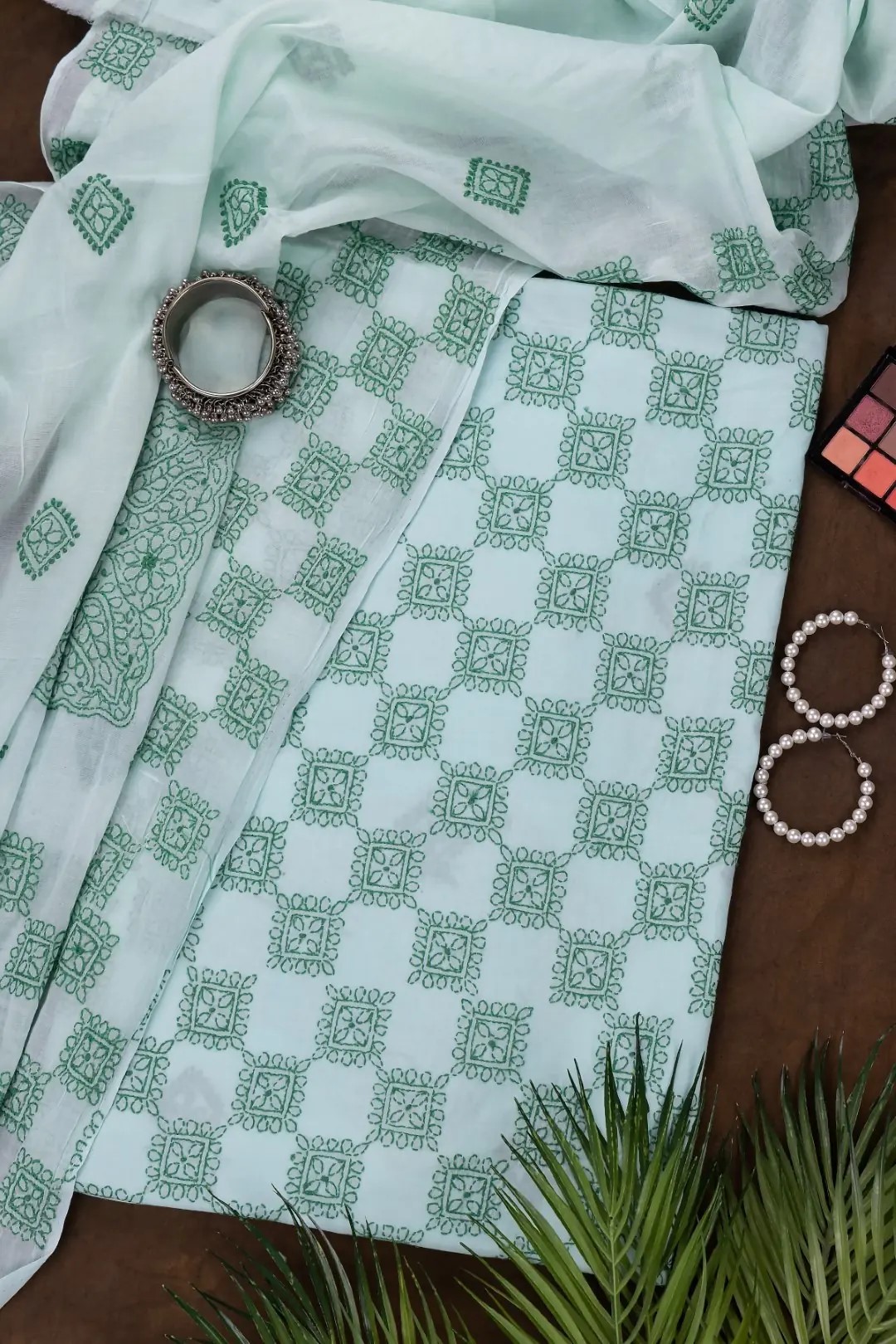 Adrika's Lucknow Chikankari Mint Green Cotton Unstitched 2-Piece Kurti Set