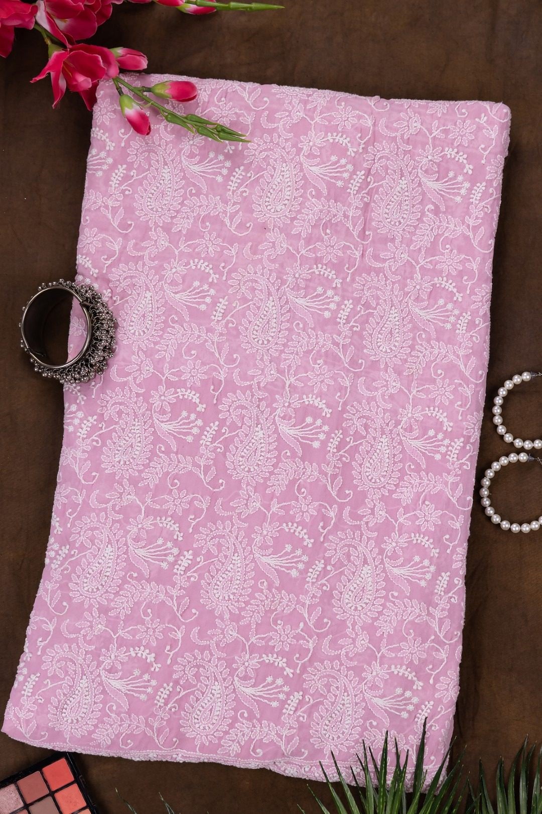 Adrika's Lucknow Chikankari Pink Colour Georgette Unstitched 2-Piece Kurti Set