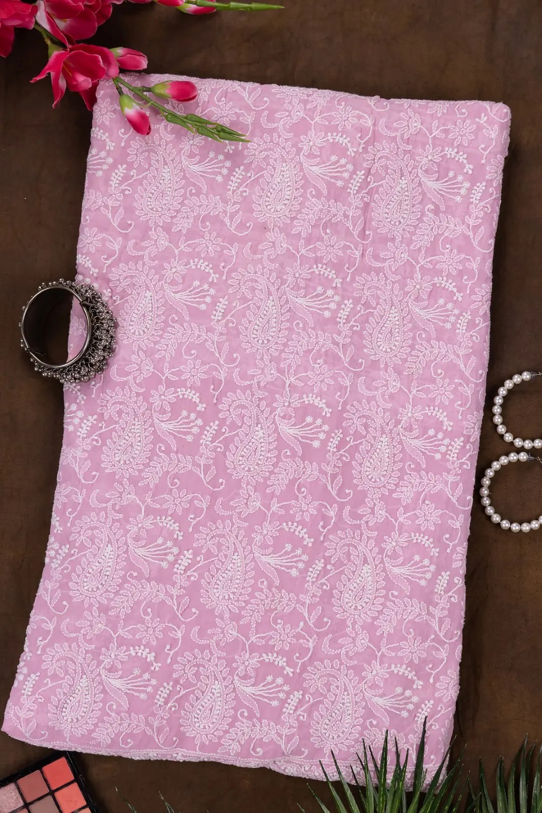 Adrika's Lucknow Chikankari Pink Colour Georgette Unstitched 2-Piece Kurti Set