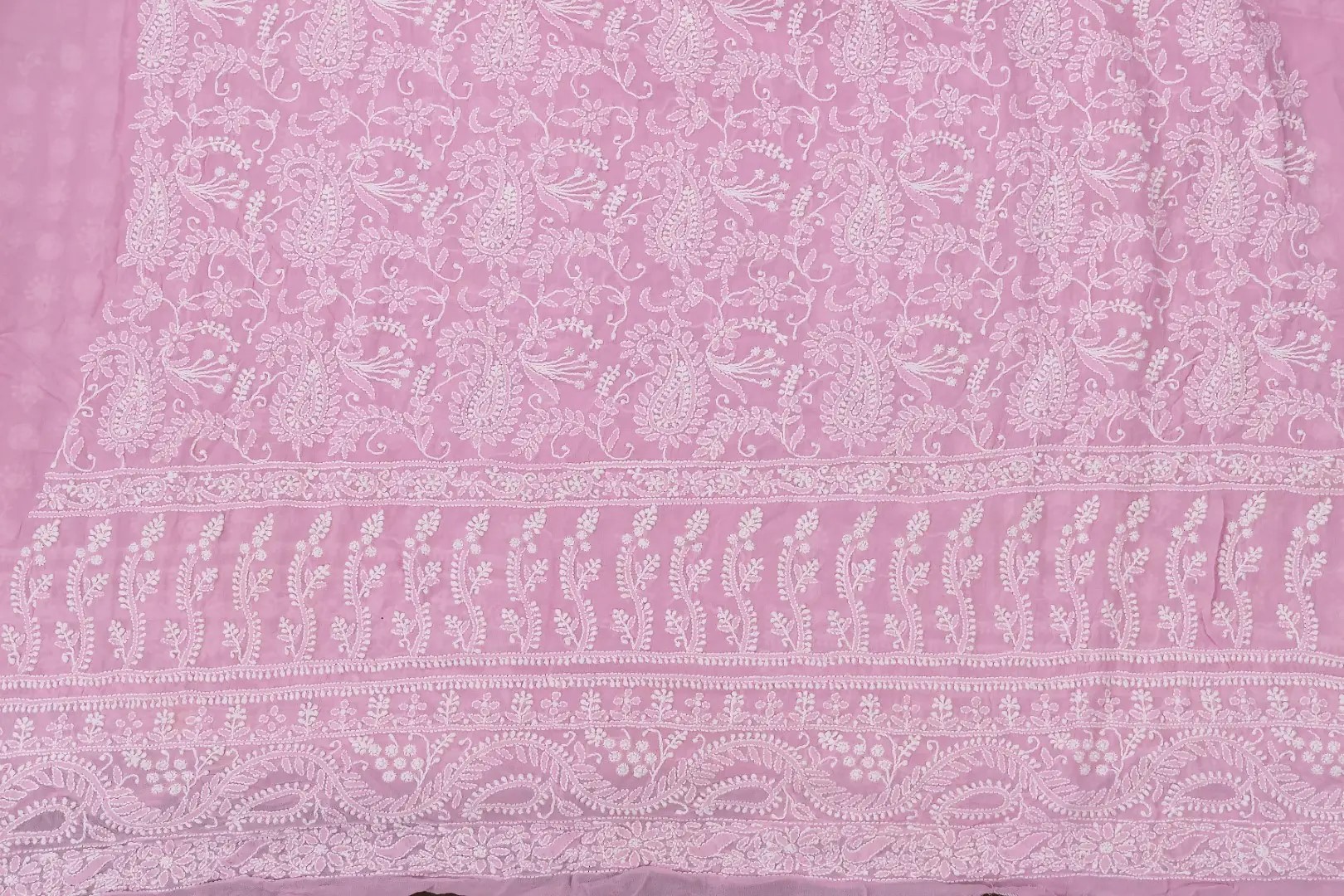 Handcrafted Lucknow Chikankari Pink Colour Georgette Unstitched 2-Piece Kurti Set by Adrika