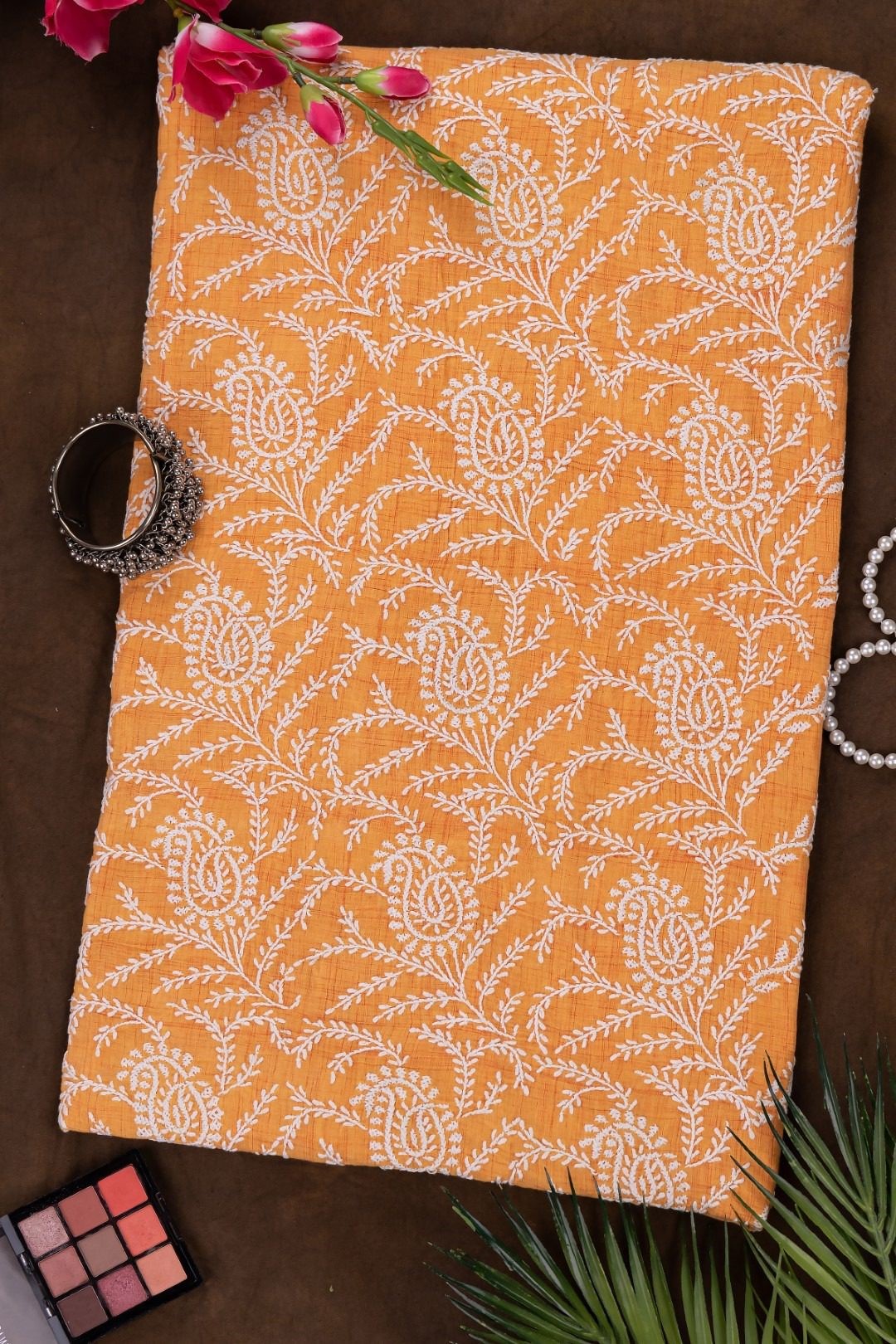 Adrika's Lucknow Chikankari Orange Cotton Unstitched Kurti