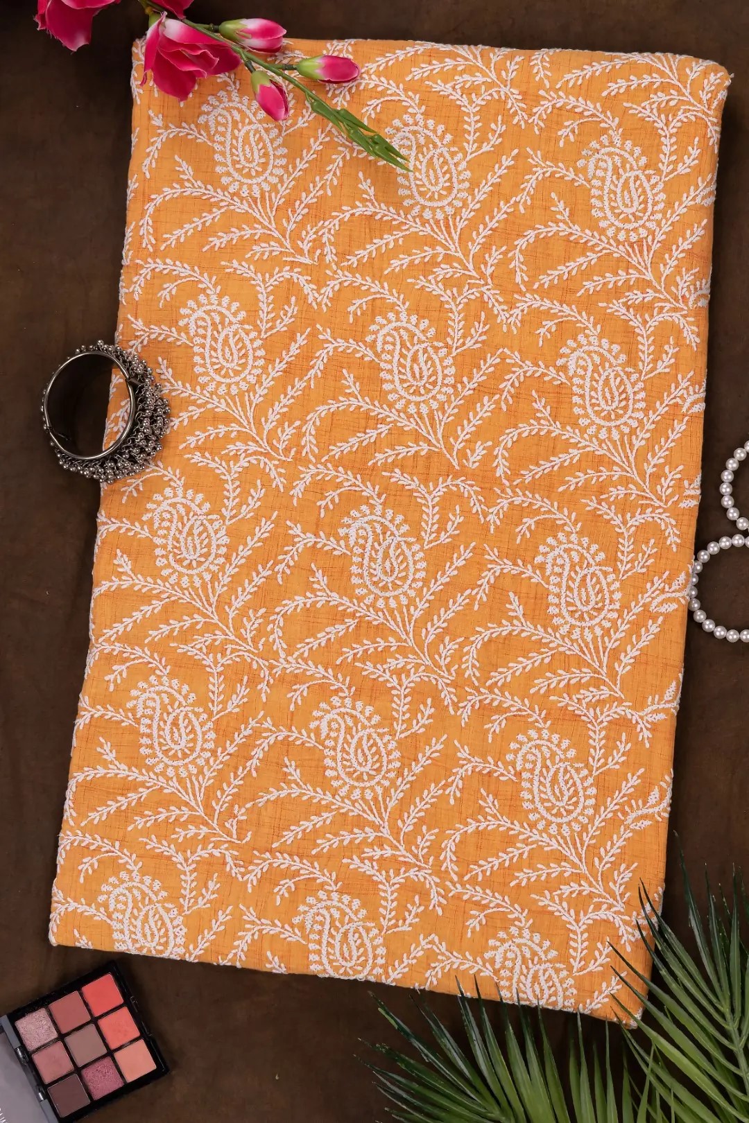 Adrika's Lucknow Chikankari Orange Cotton Unstitched Kurti
