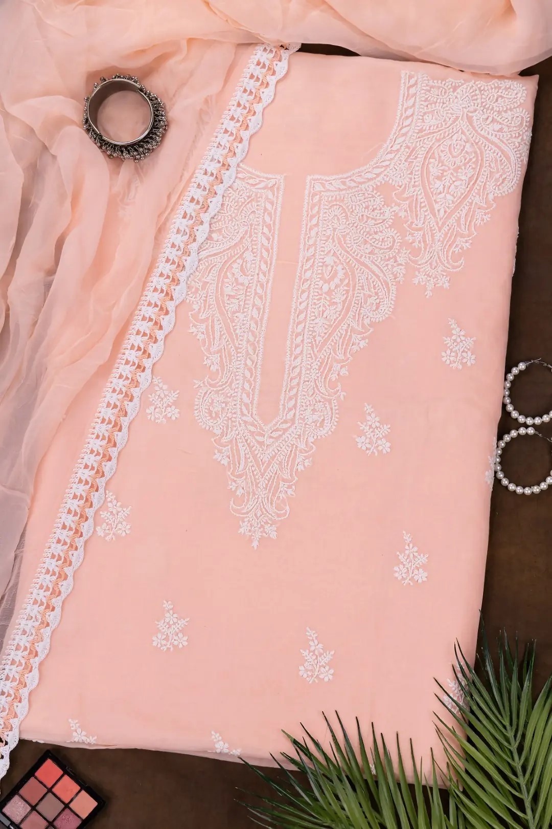 Adrika's Lucknow Chikankari Peach Colour Cotton Unstitched 3-Piece Kurti Set