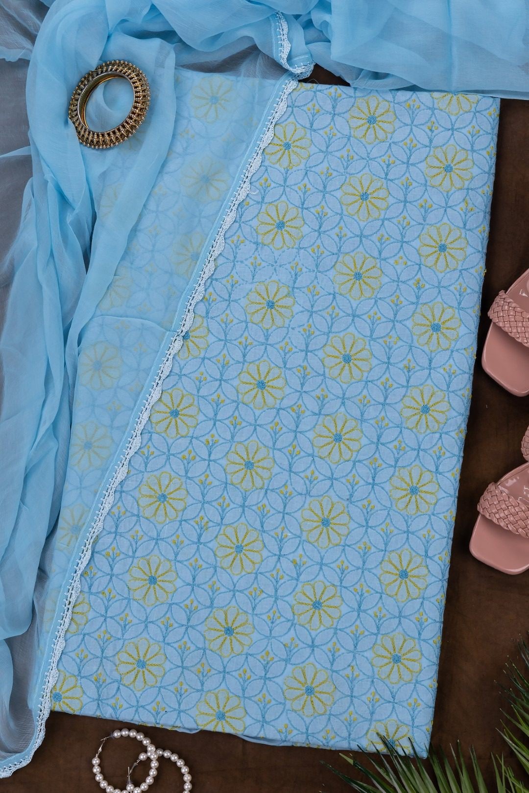 Adrika's Lucknow Chikankari Arctic Blue Cotton Unstitched 3-Piece Kurti Set