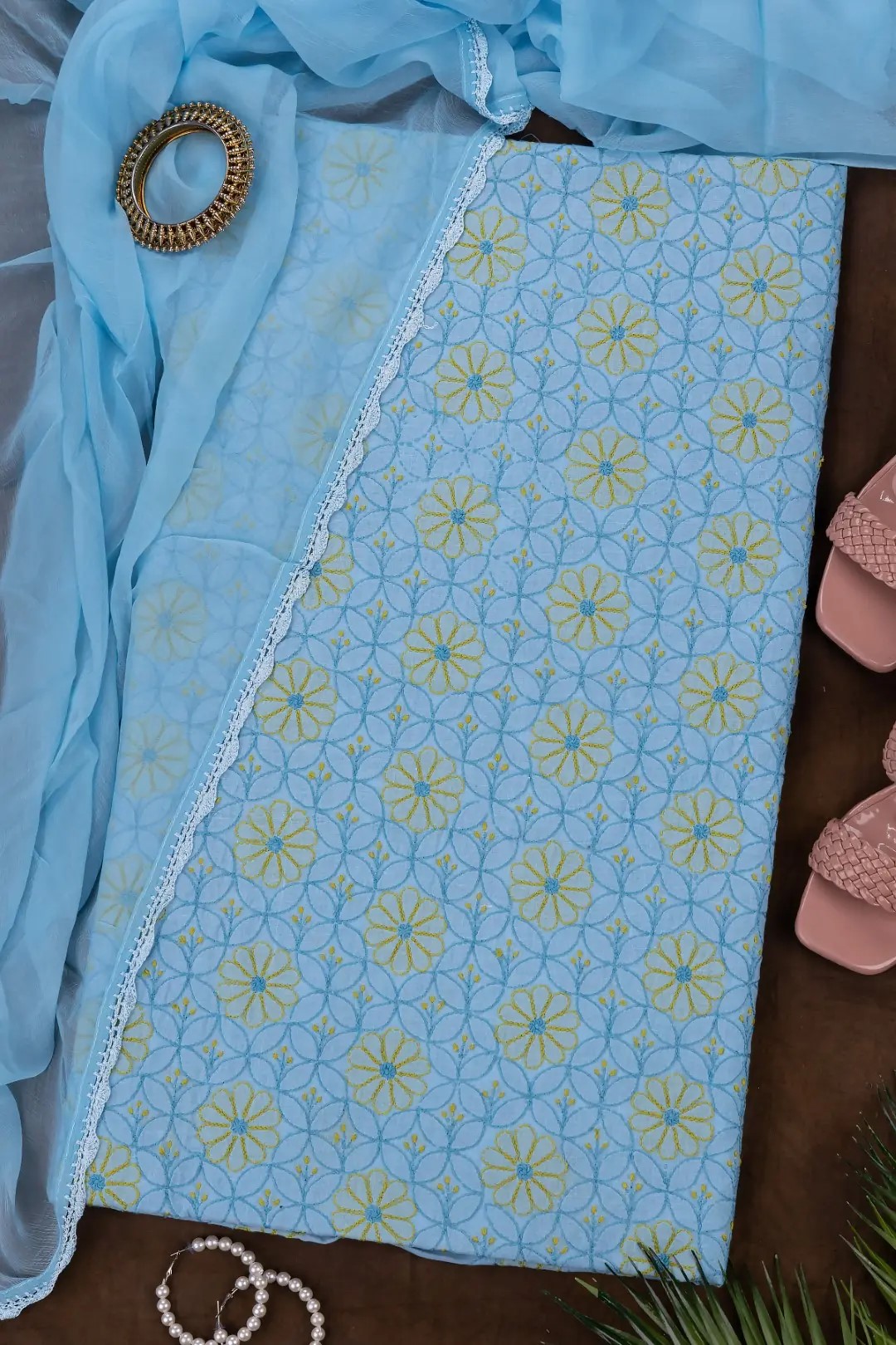 Adrika's Lucknow Chikankari Arctic Blue Cotton Unstitched 3-Piece Kurti Set
