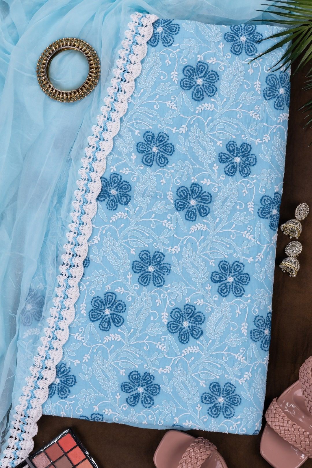 Adrika's Lucknow Chikankari Sky Blue Cotton Unstitched 3-Piece Kurti Set