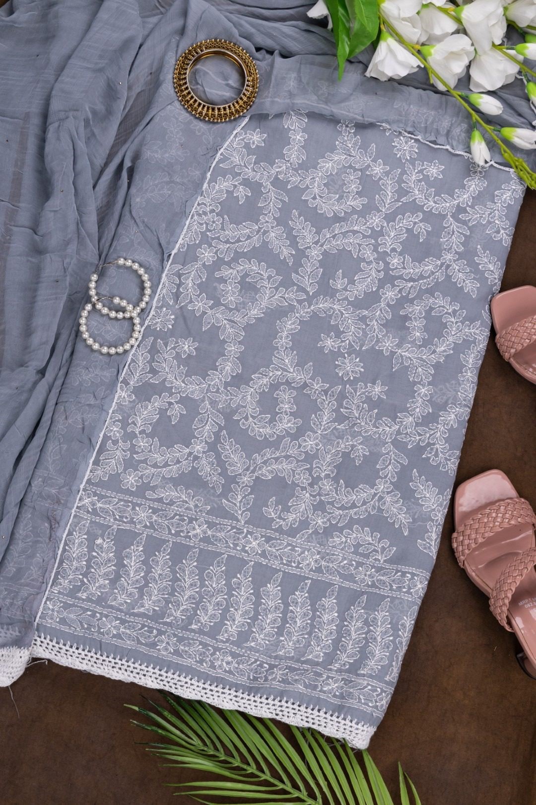 Adrika's Lucknow Chikankari Grey Cotton Unstitched 3-Piece Kurti Set
