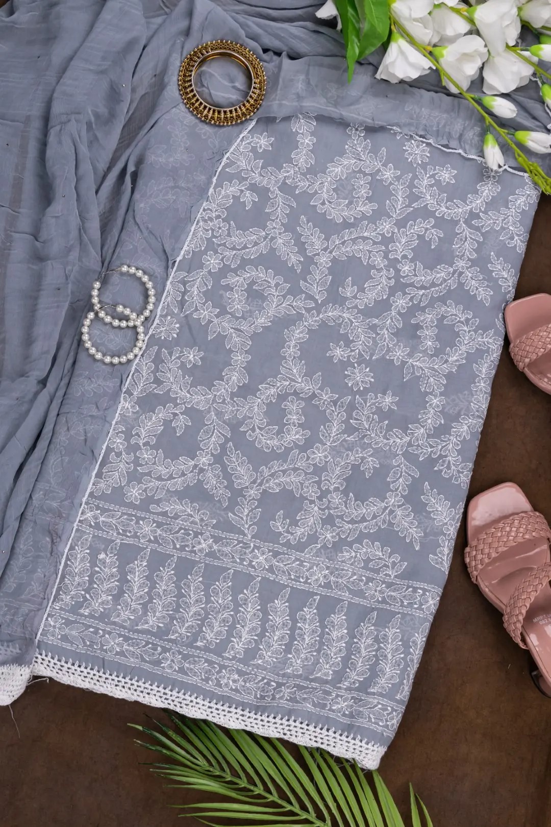 Adrika's Lucknow Chikankari Grey Cotton Unstitched 3-Piece Kurti Set