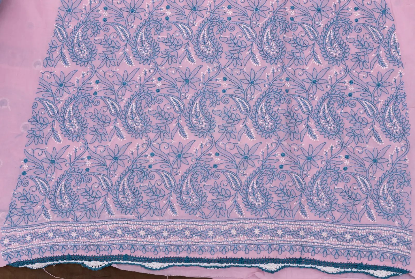Traditional Lucknow Chikankari Pink Cotton Unstitched 3-Piece Kurti Set by Adrika