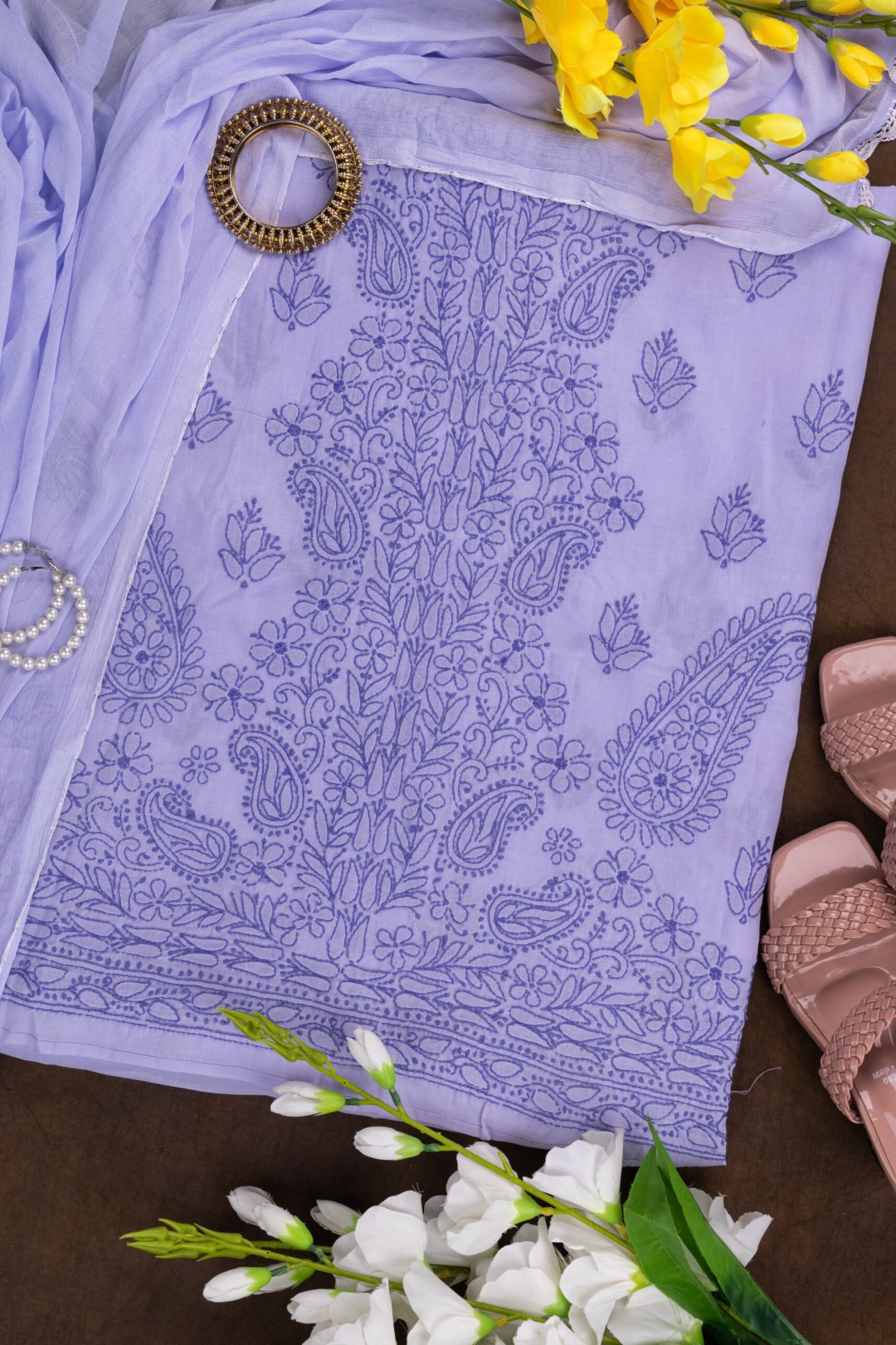 Adrika's Ethnic Lucknow Chikankari Cotton Unstitched 3-Piece Kurti Set