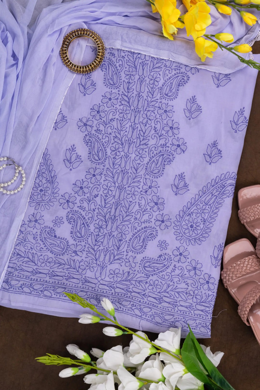 Adrika's Ethnic Lucknow Chikankari Cotton Unstitched 3-Piece Kurti Set