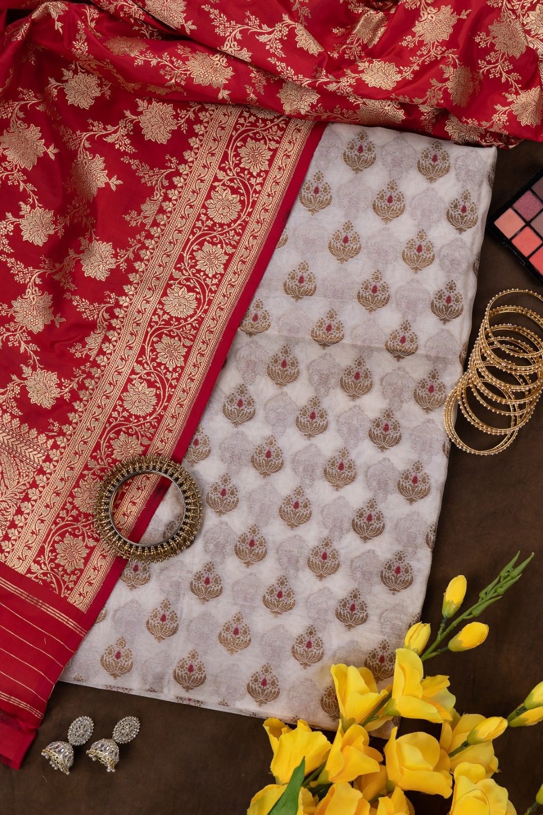 Adrika's Banarasi Tussar Meenakari Kurti & Red Katan Dupatta Unstitched 2-Piece Set