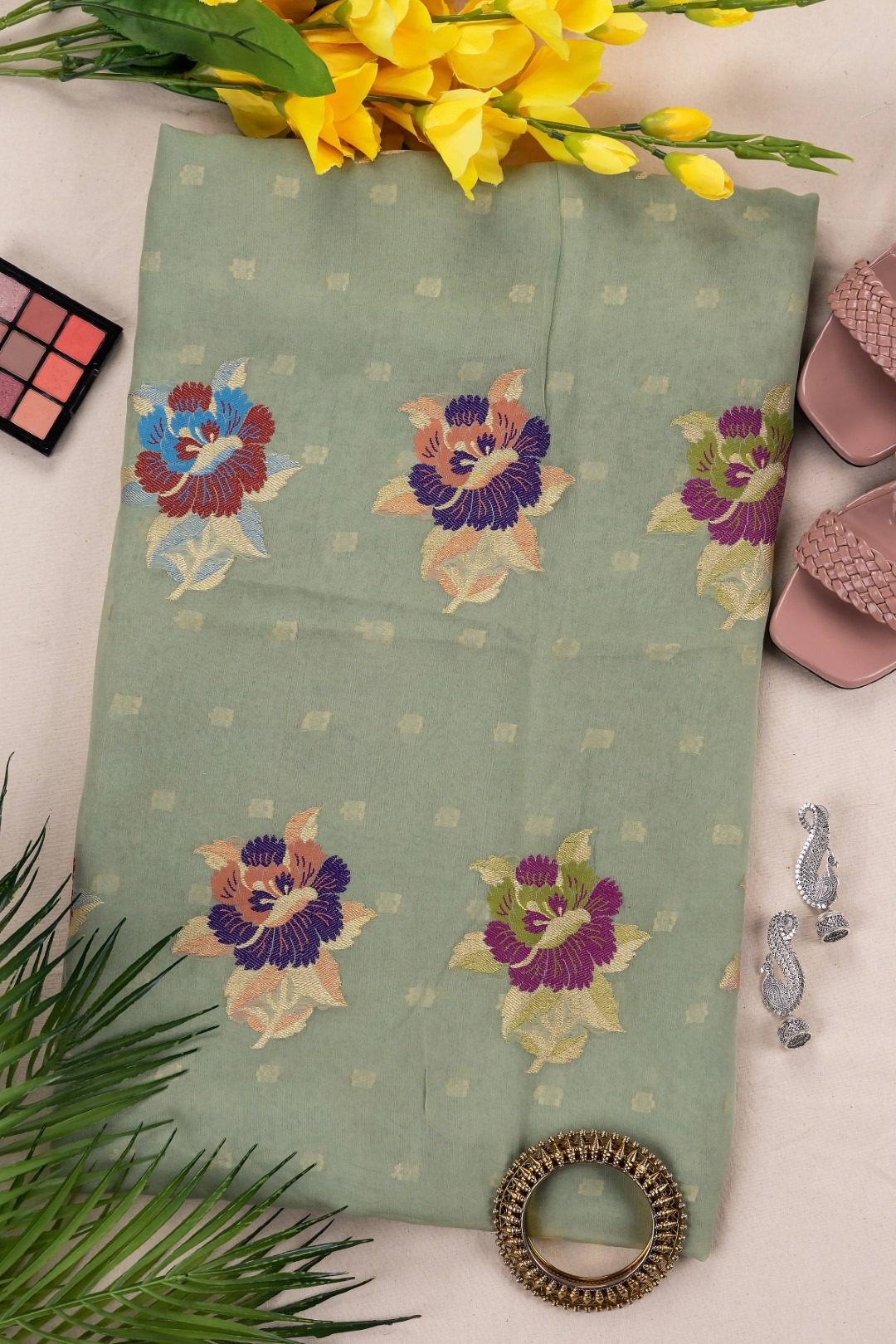 Adrika's Banarasi Georgette Pastel Green Kurti & Dupatta Set with Golden Zari & Meenakari Work
