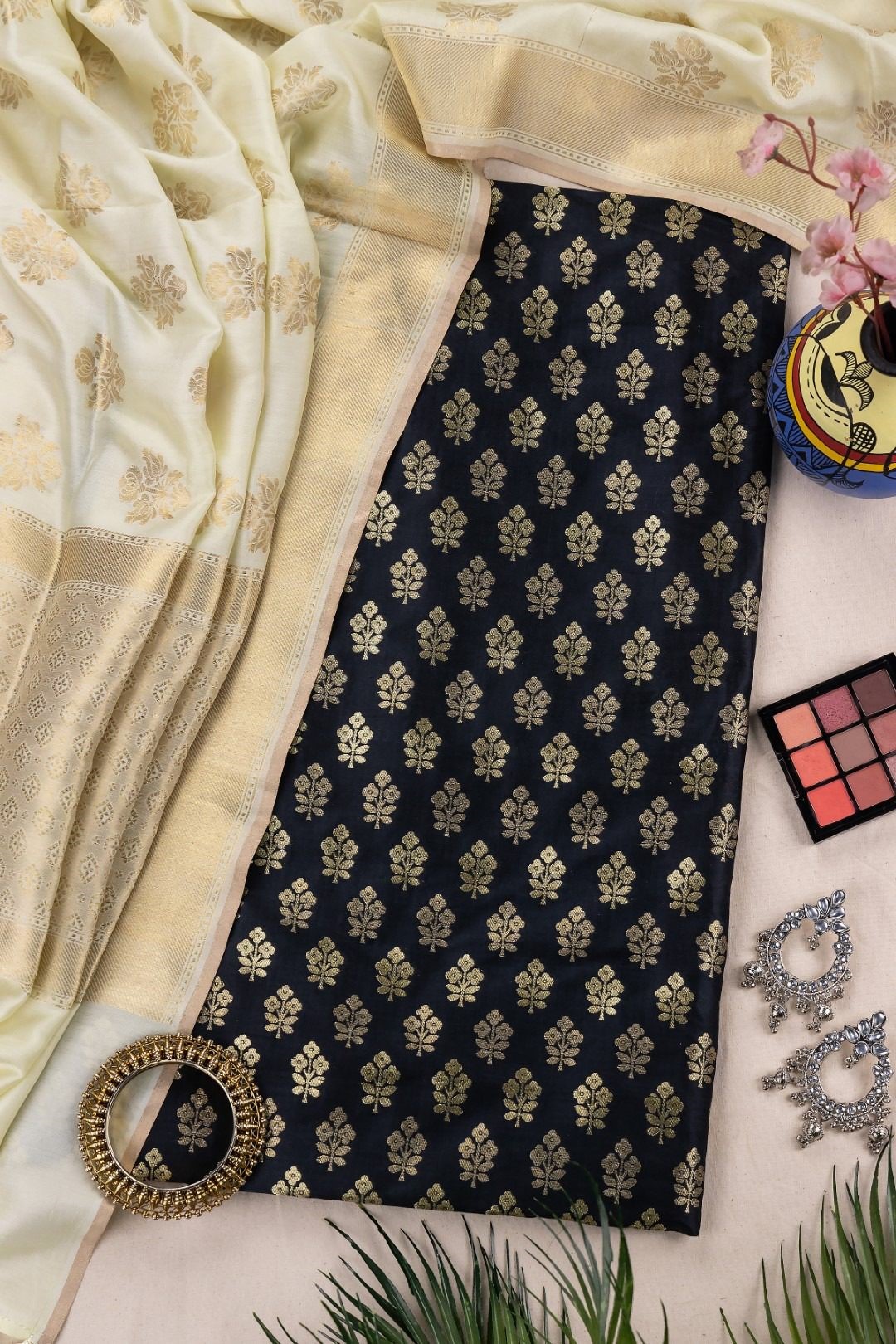 Adrika's Banarasi Katan Black Kurti & Chiniya Silk Light Butter Dupatta Set with Zari Work