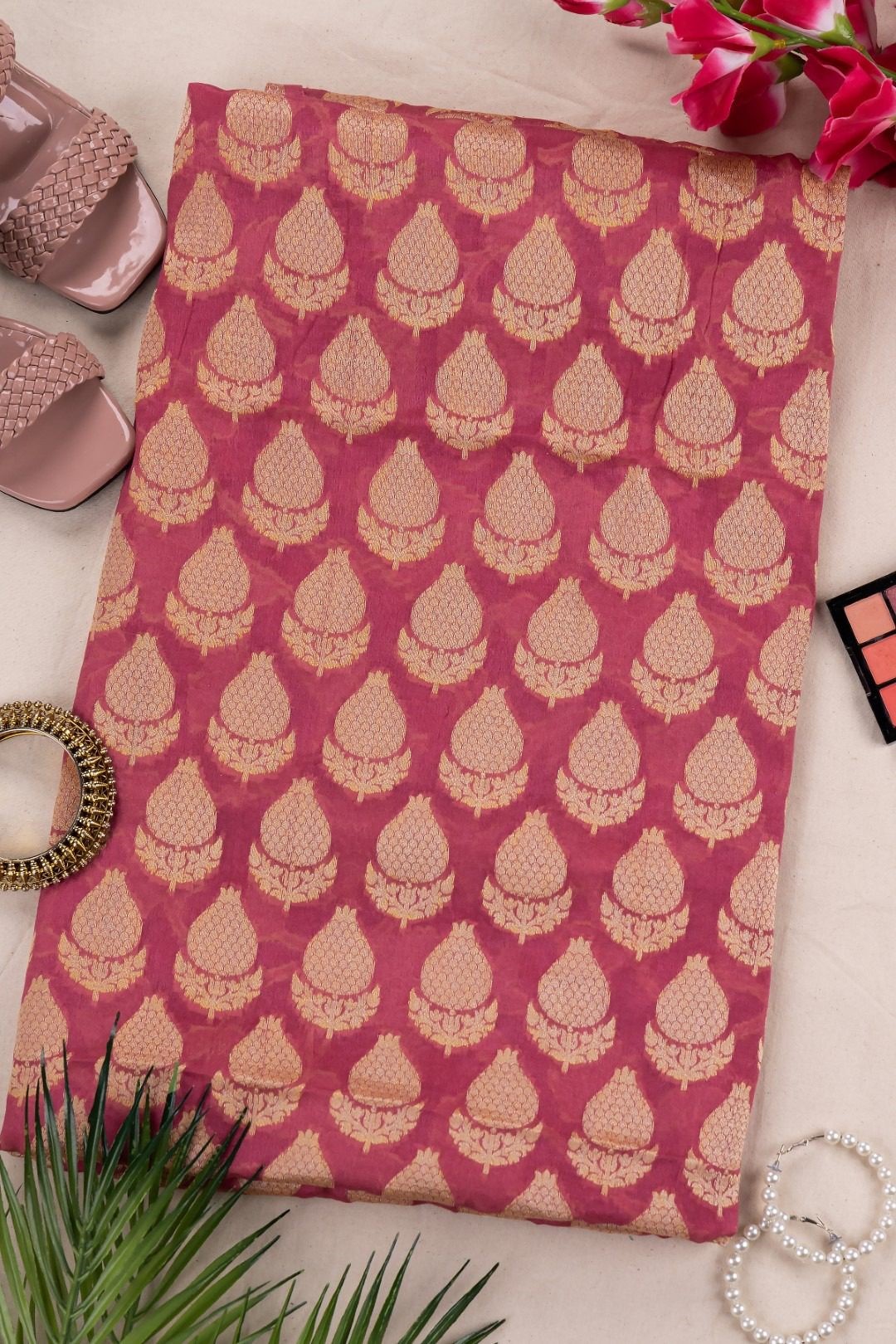 Adrika's Pure Handloom Banarasi Chiffon Rose Pink Kurti & Dupatta Set with Zari Work