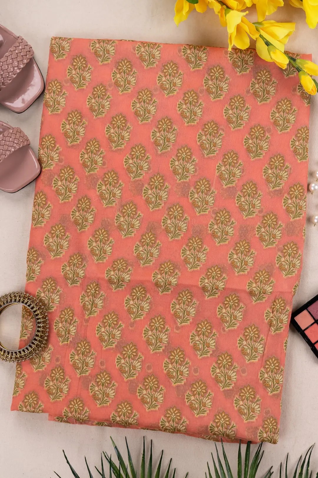 Adrika's Pure Handloom Banarasi Chiffon Peach Coloured Kurti & Dupatta Set with Meenakari Work