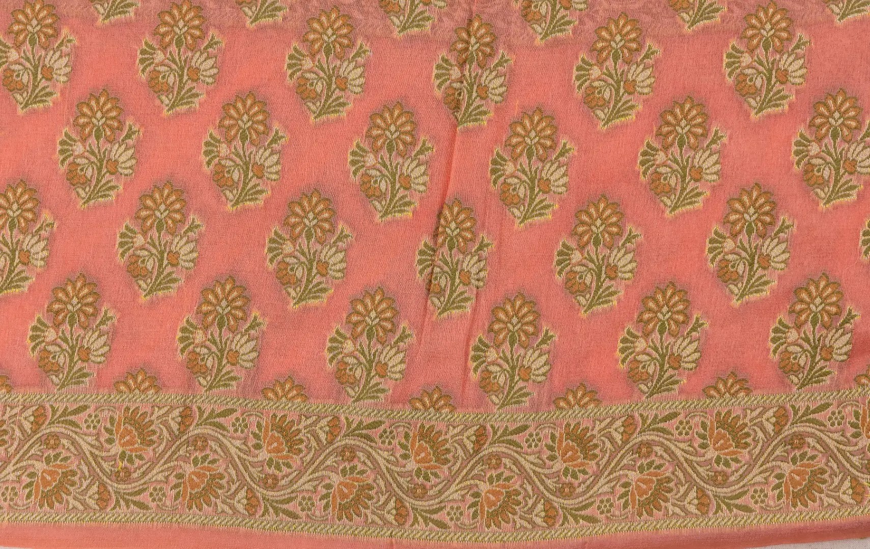 Traditional Pure Handloom Banarasi Chiffon Peach Coloured Kurti & Dupatta Set with Meenakari Work by Adrika