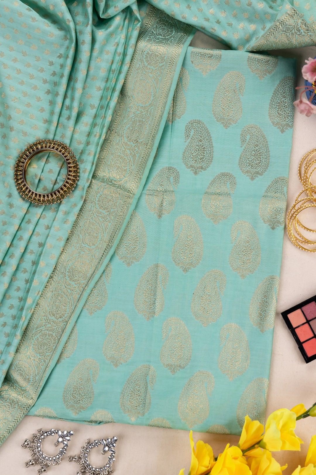Adrika's Banarasi Butter Silk Sea Green Kurti & Dupatta Set with Golden Zari Work