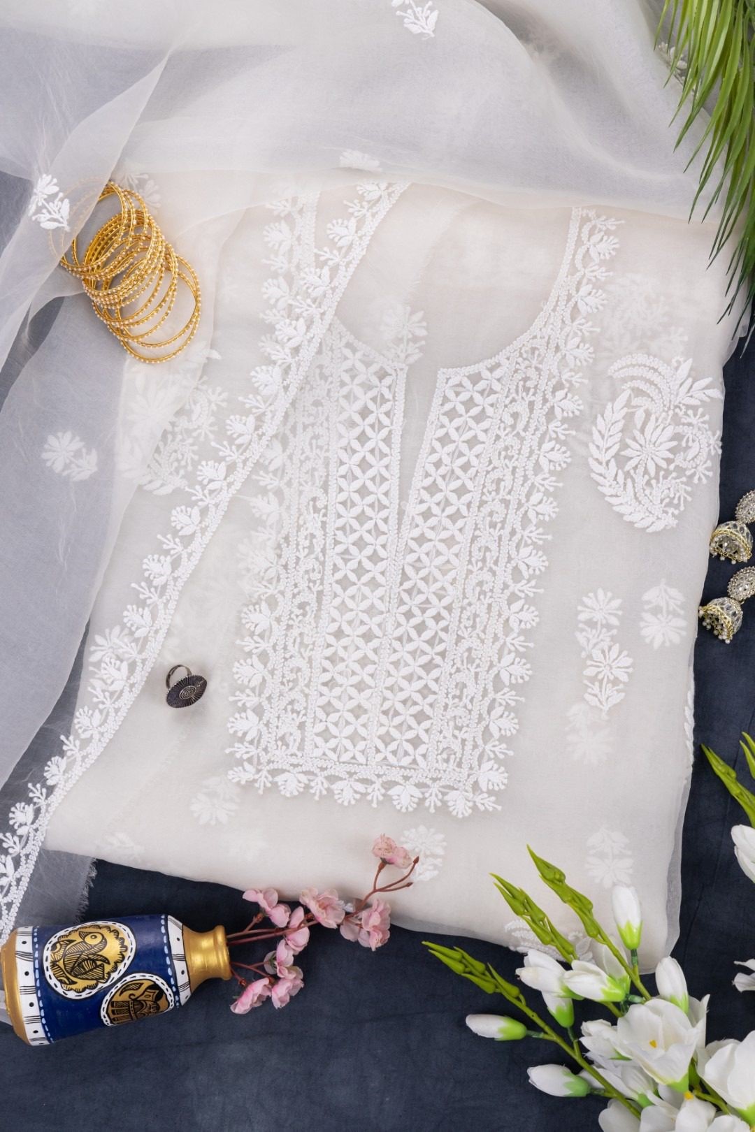 Elegant Lucknow Chikankari Organza Unstitched 2-Piece Kurti Set by Adrika