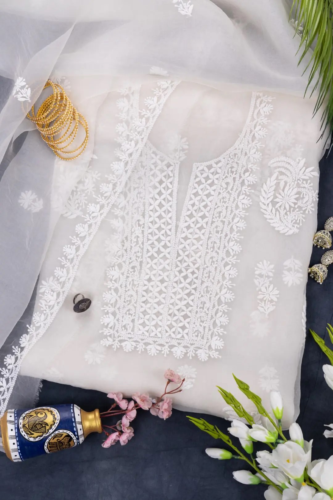 Elegant Lucknow Chikankari Organza Unstitched 2-Piece Kurti Set by Adrika