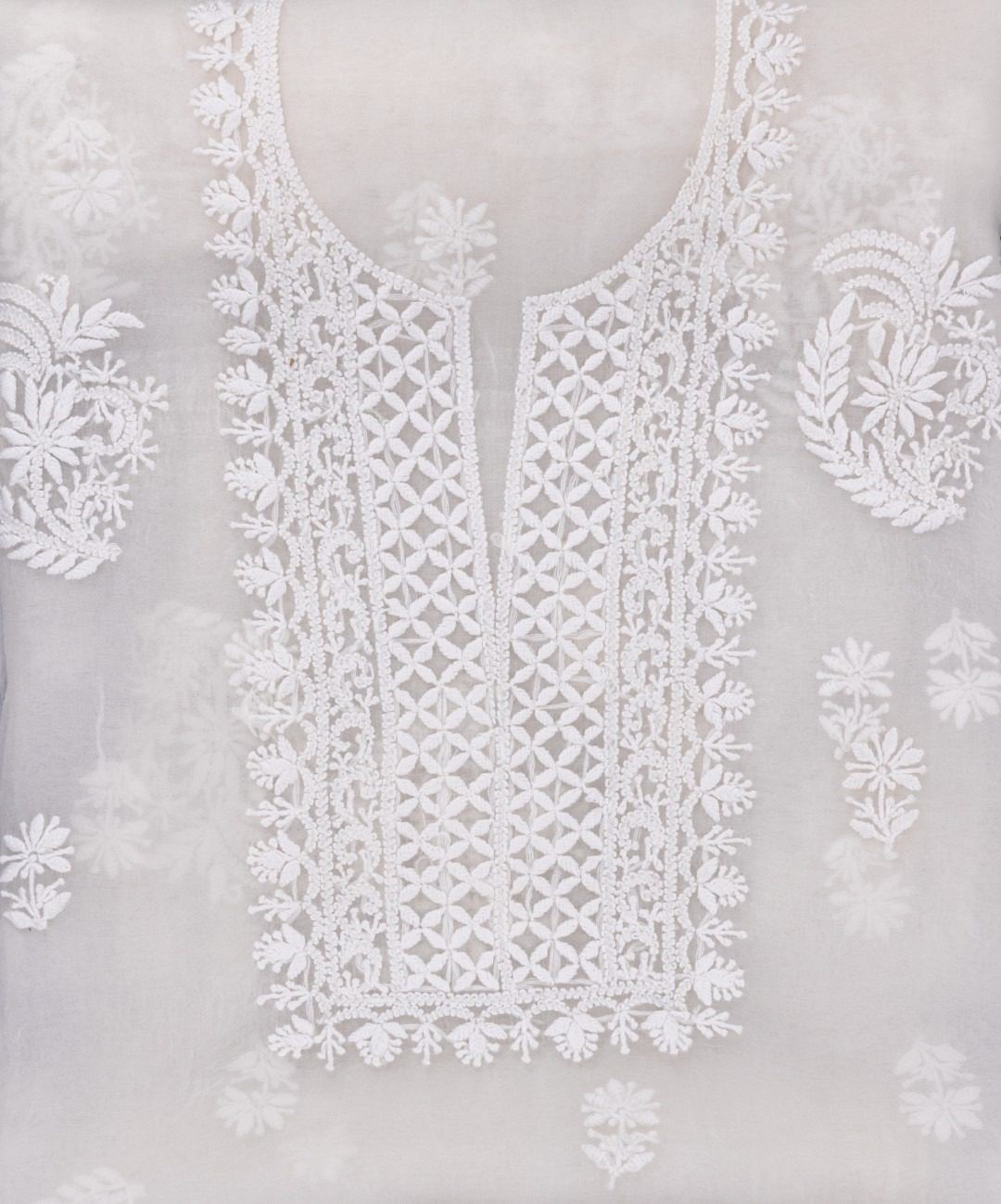 Adrika's luxurious Lucknow Chikankari Organza Unstitched 2-Piece Kurti Set with intricate detailing