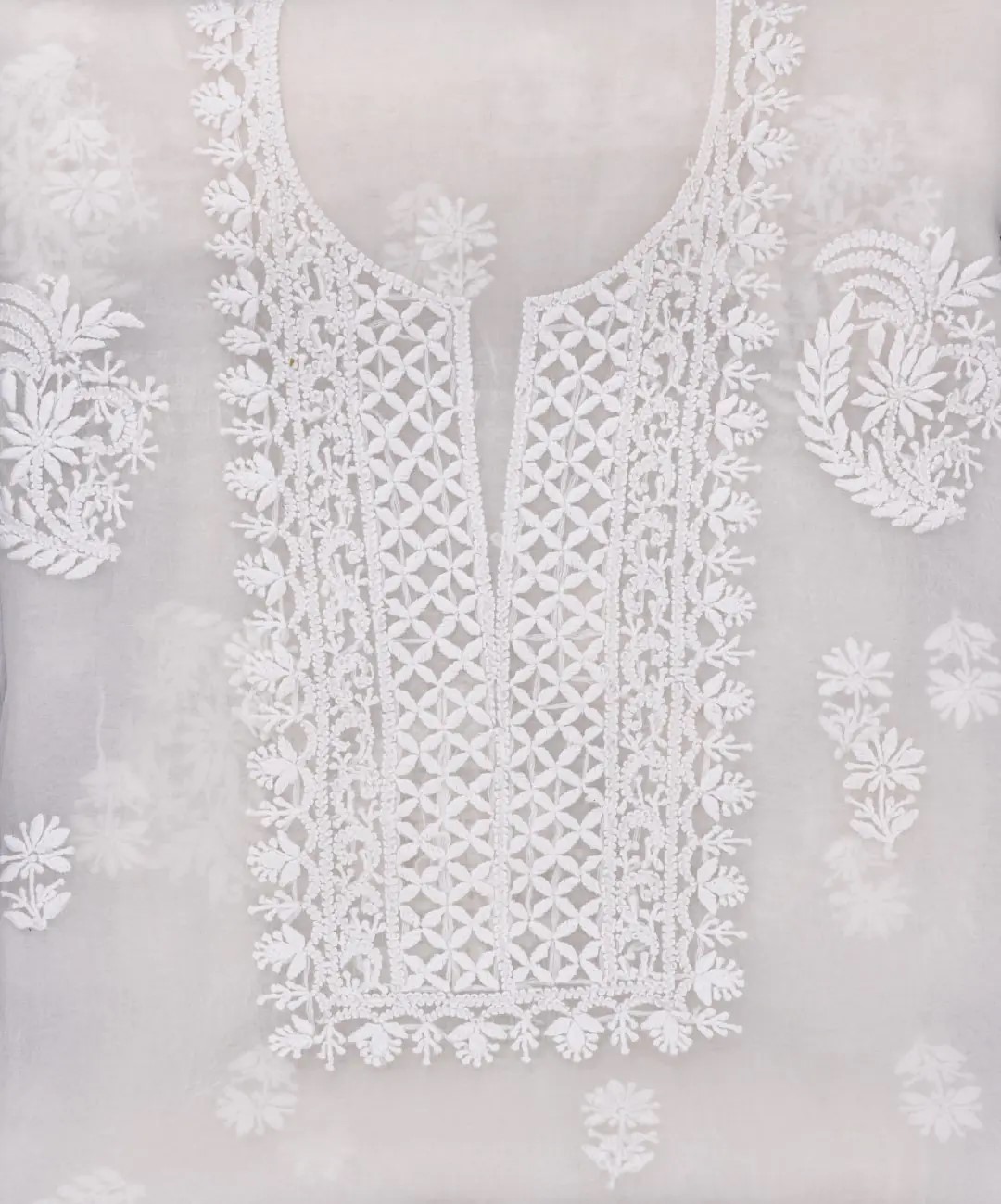 Adrika's luxurious Lucknow Chikankari Organza Unstitched 2-Piece Kurti Set with intricate detailing