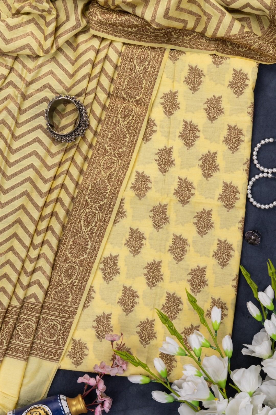 Adrika's Banarasi Butter Silk Champagne Yellow Kurti & Dupatta Set with Copper Zari Work
