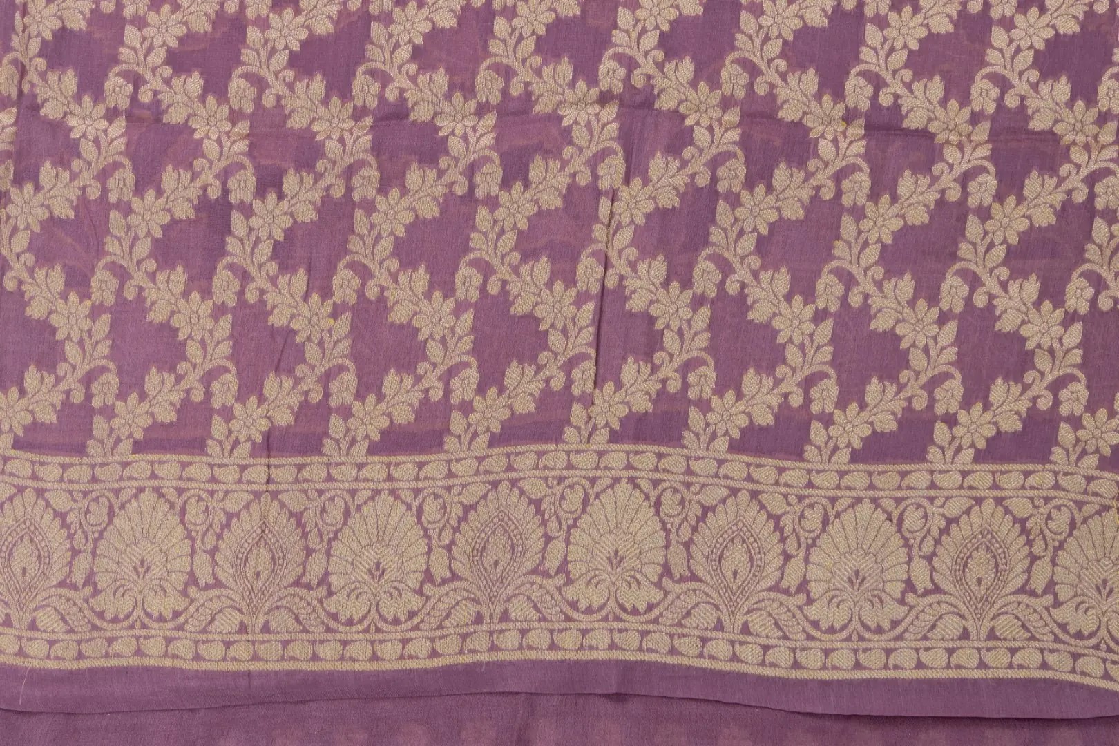 Adrika's luxurious Pure Handloom Banarasi Chiffon Opera Mauve Kurti & Dupatta Set with intricate Zari detailing