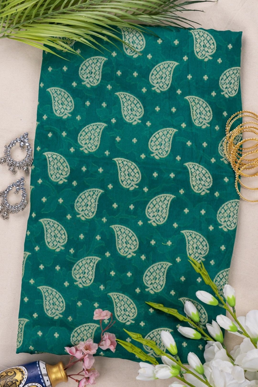Adrika's Banarasi Chiffon Rama Green Kurti & Dupatta Set with Zari Work