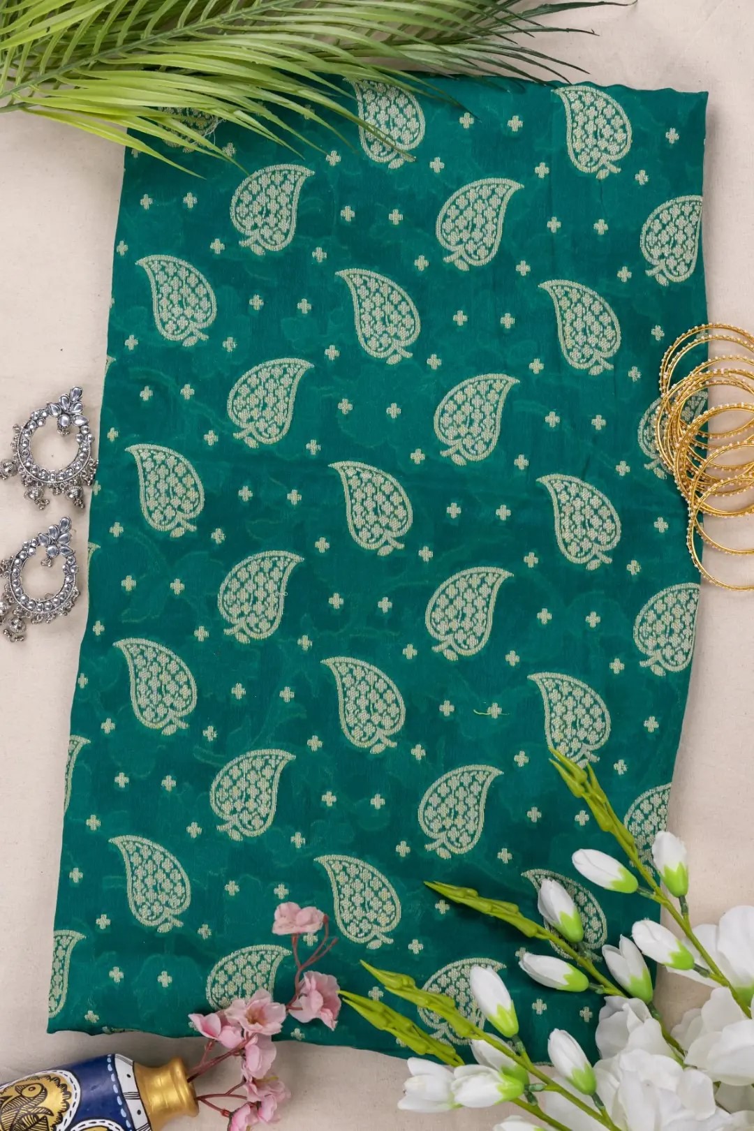 Adrika's Banarasi Chiffon Rama Green Kurti & Dupatta Set with Zari Work